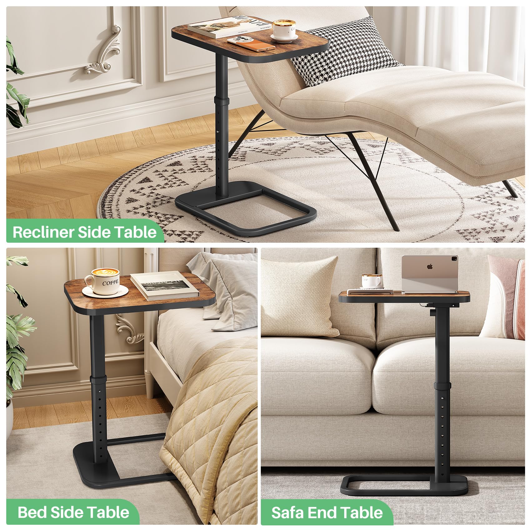 Kitstorack TV Tray Table, Adjustable Height & Rounded Metal Corners, Snack Table for Couch, Sofa, Bed, Chair, Living Room, C Shaped End Side Table for Eating, Dinner or Laptop, Small Spaces, Black