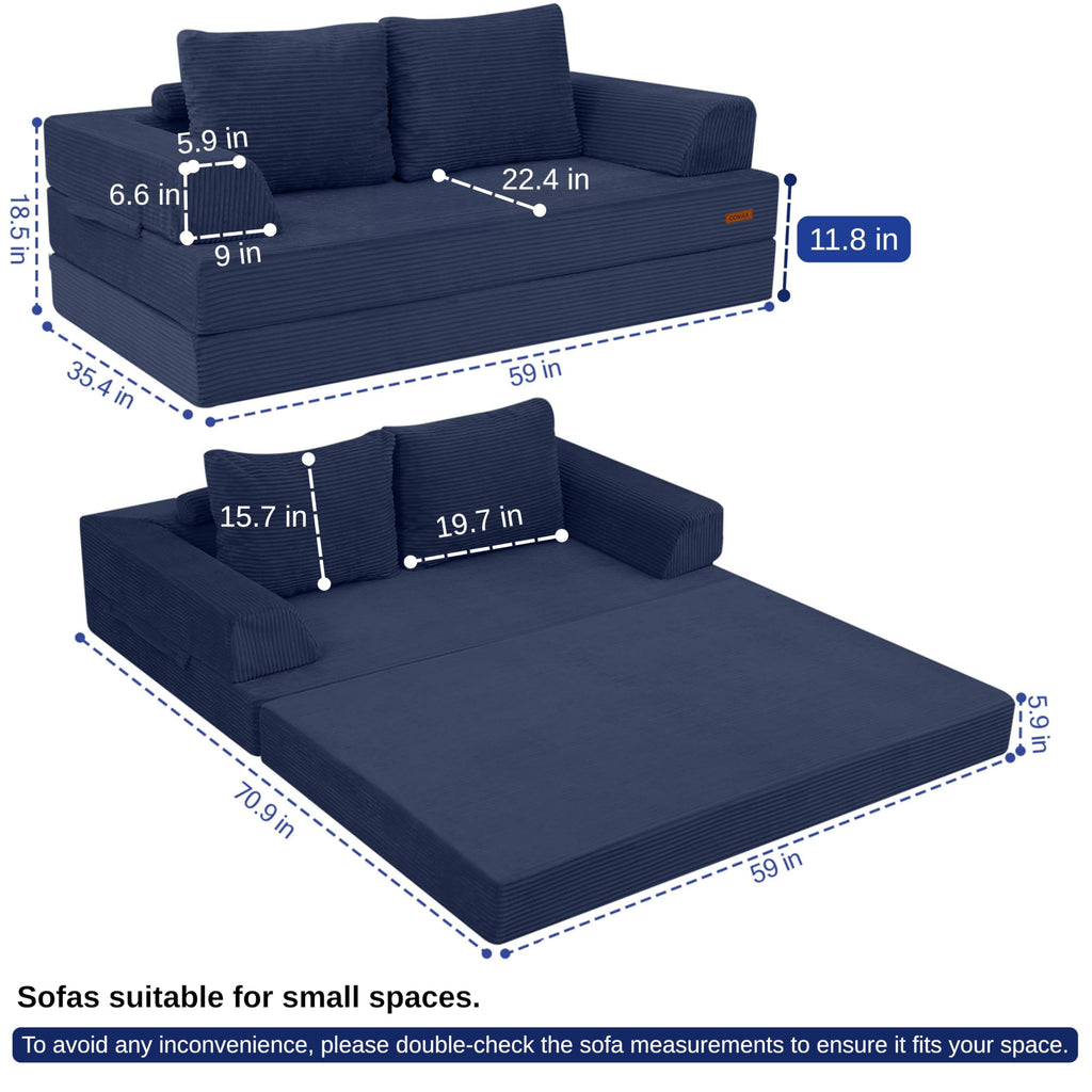 COMAX Futon Sofa Bed, 4‑in‑1 Convertible Sofa Bed, Folding Boneless Couches | Boneless Couch for living room, Fold Out Small Foldable Loveseat Floor Sleeper Mattress Lounge Space‑Saving, Ash Gray