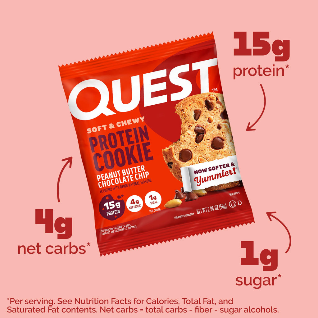 Quest Nutrition Chocolate Chip Protein Cookie, 15g Protein, 1g Sugar, 2g Net Carbs, Keto Friendly, High Protein, Low Carb; 12 Count