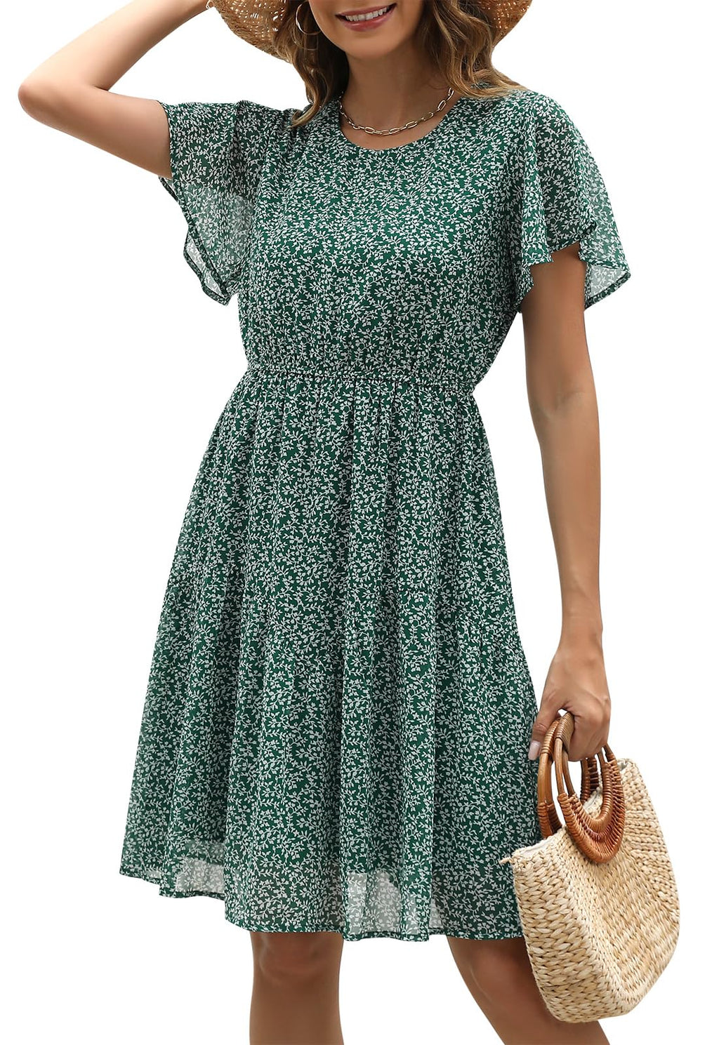 Manydress Women's Chiffon Floral Dresses Casual Summer Boho Flutter Sleeve Flowy Skater Western Dress MY112