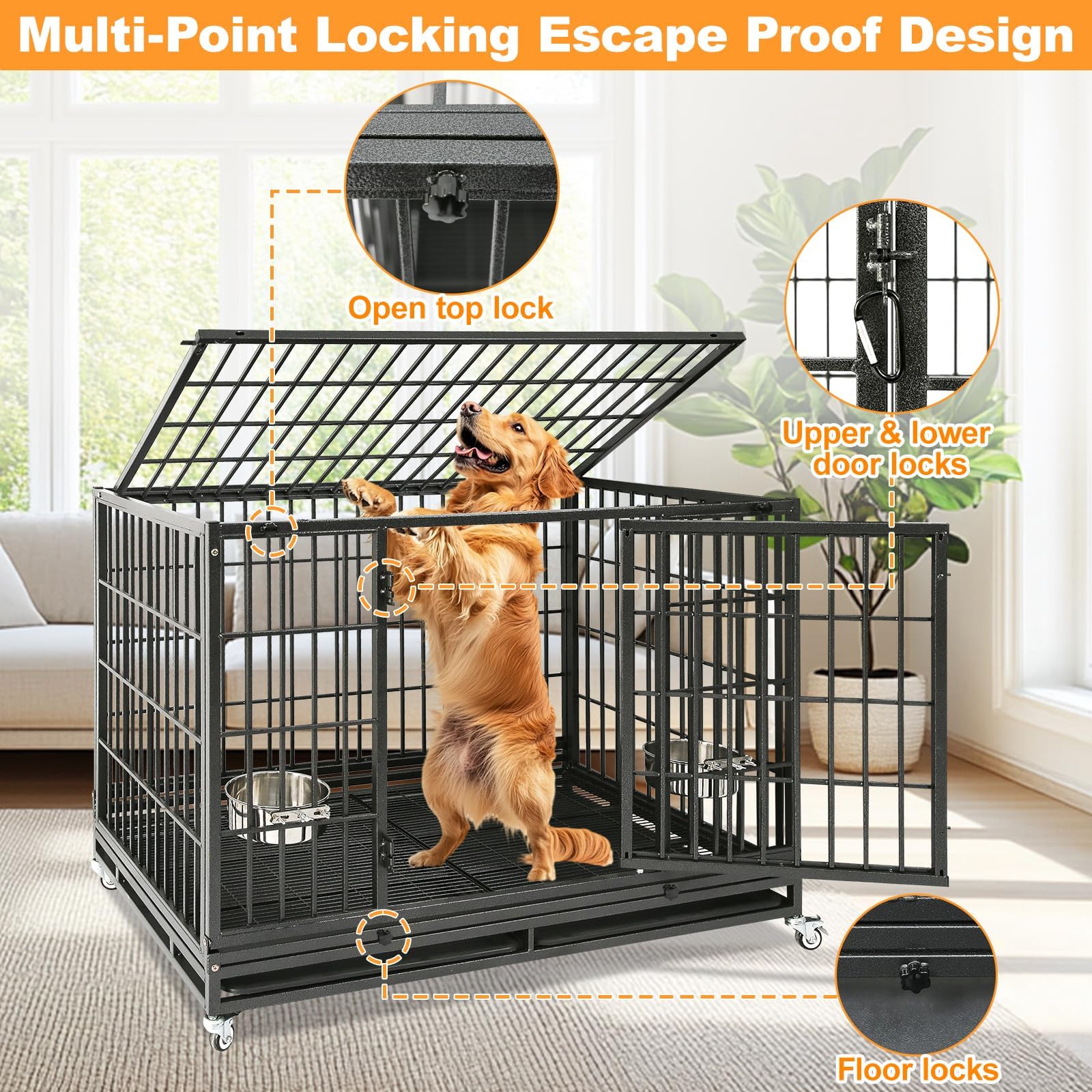Homey Pet 37 inch Stackable Heavy Duty Dog Crate, Indestructible Escape Proof Dogs Cage Kennel with Lockable Wheels, Removable Tray & Metal Grid, Double Doors for High Anxiety Medium/Small Dogs