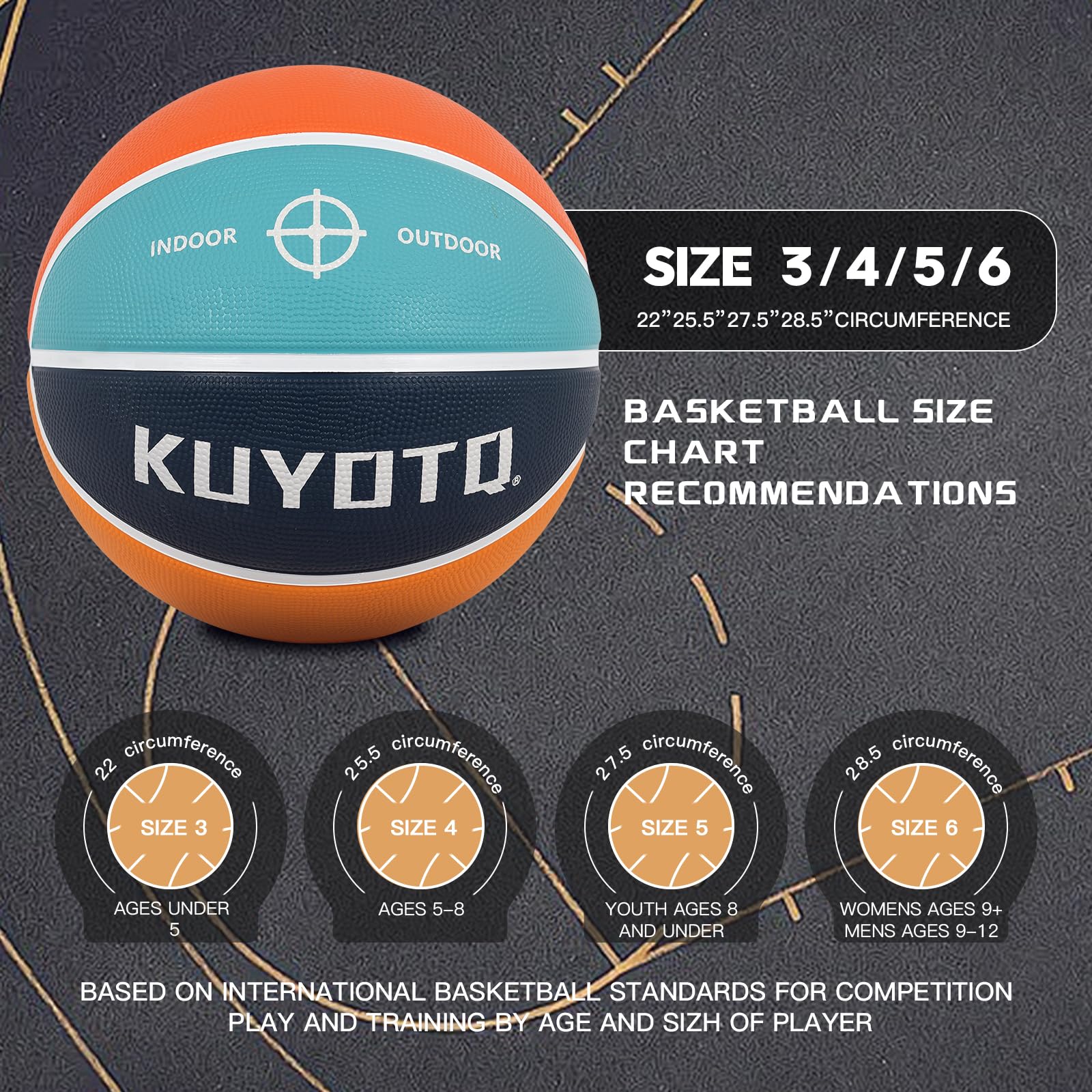 KUYOTQ Kids Youth Adult Size 3/4/5/6/7 (22/25.5/27.5/28.5/29.5") Basketball Premium Rubber or Faux Leather Basketball Indoor Outdoor Basketball for Boys Girls Womens Mens Basketball Gifts (Deflated)
