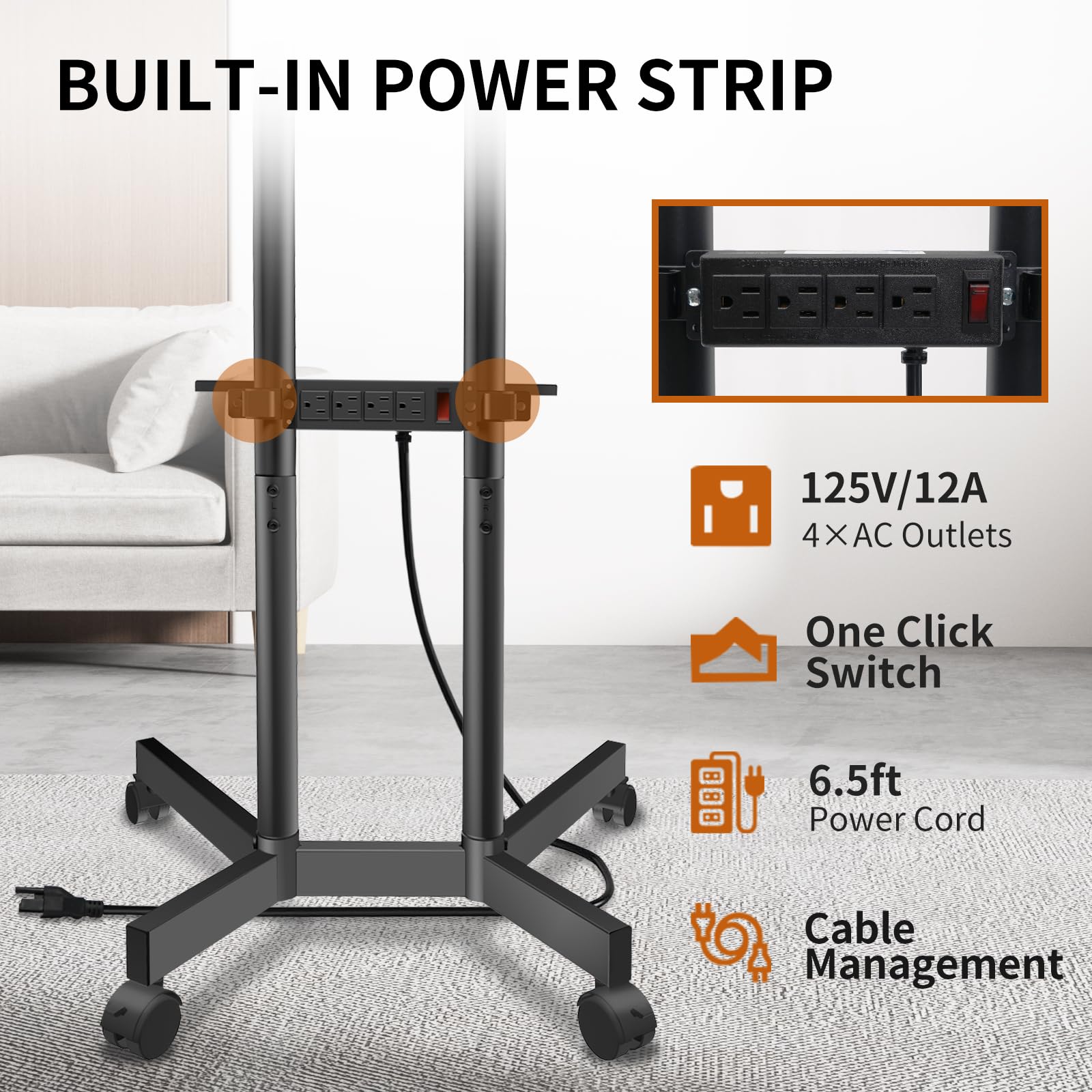 Solid Grace Rolling TV Stand with Power Outlet for 32-75 Inch TVs up to 88lbs, Portable TV Stand with Shelf, Mobile TV Cart for Living Room, Office, Meeting Room, Outdoor(with Power Outlet+Shelf)