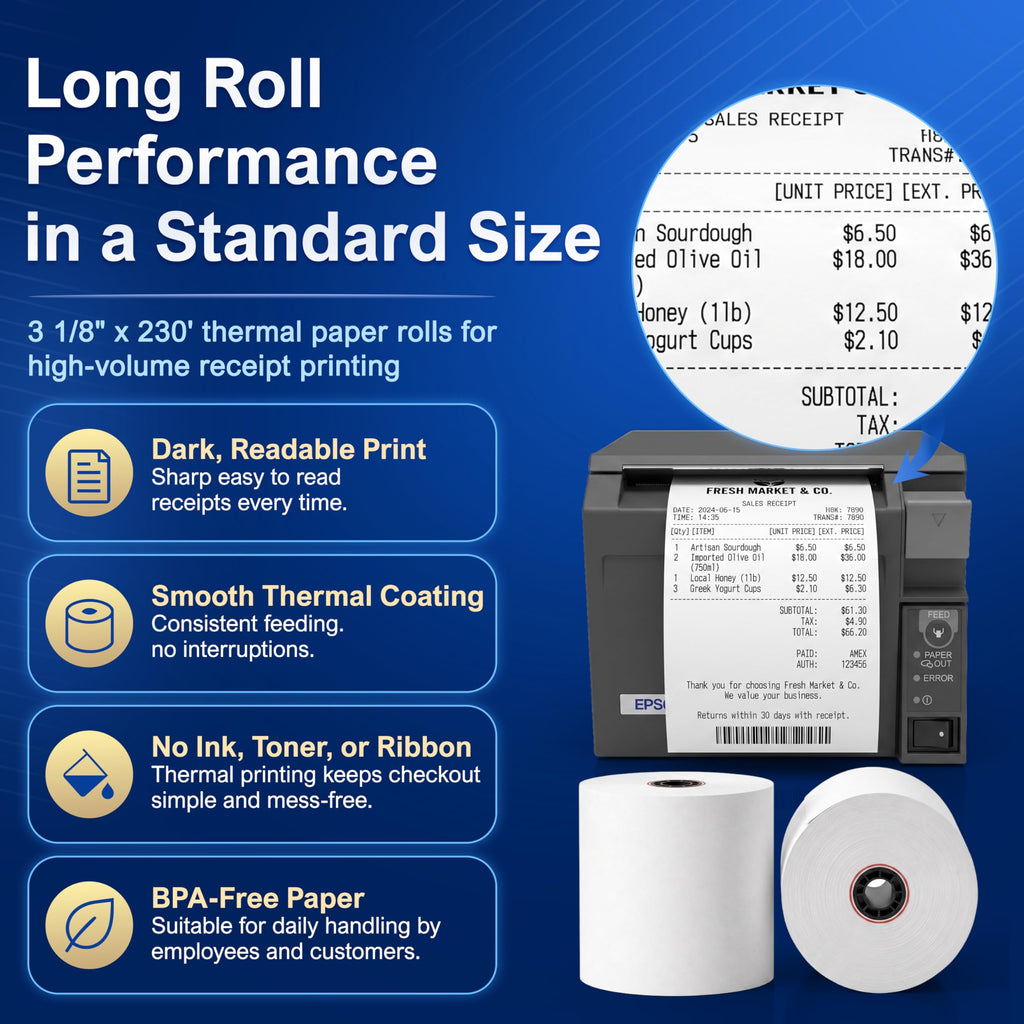3 1/8 x 230 Thermal POS Rolls for Epson Printers, BPA Free Thermal Printing Compatible with TM-T88 TM-T70 TM-T80 TM-T85 TM-H6000 T90 Series, Credit Card Machine & POS Printer Supplies, Pack of 12