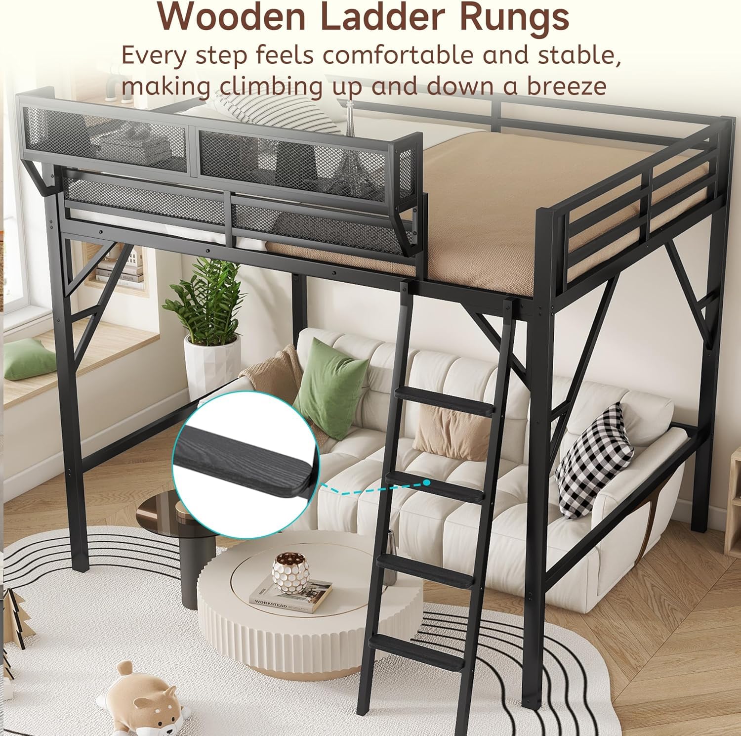 Mirightone Full Size Loft Bed with Stairs, Metal Loft Beds, High Loft Bed Frame with Storage Shelves, Lofted Full Bed with Wardrobe for Kids and Teens, No Box Spring Needed (Black)