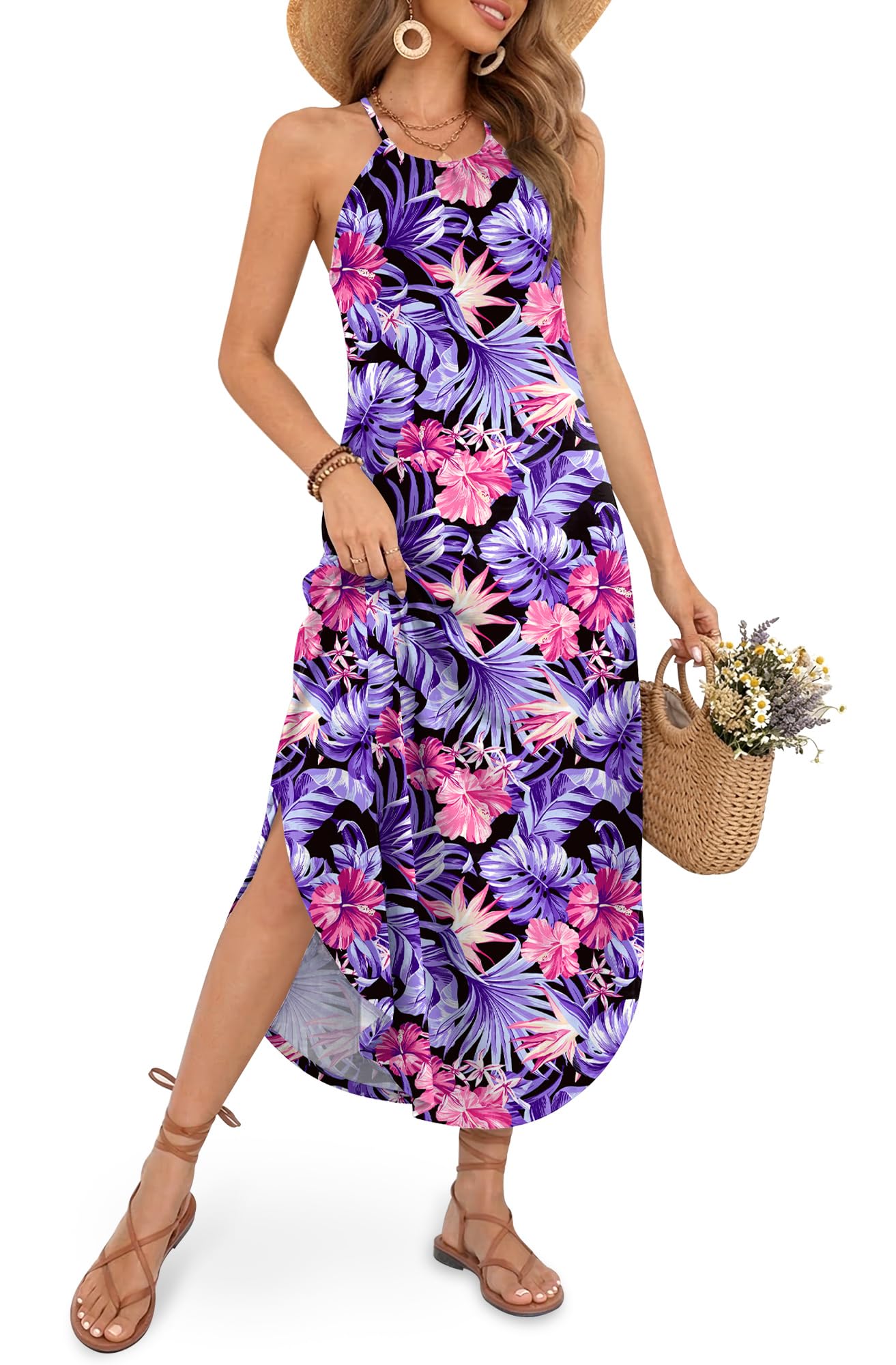 For G and PL Women's Summer Casual Halter Side Slit Maxi Beach Dress Resort Vacation Cruise Wear Sundress