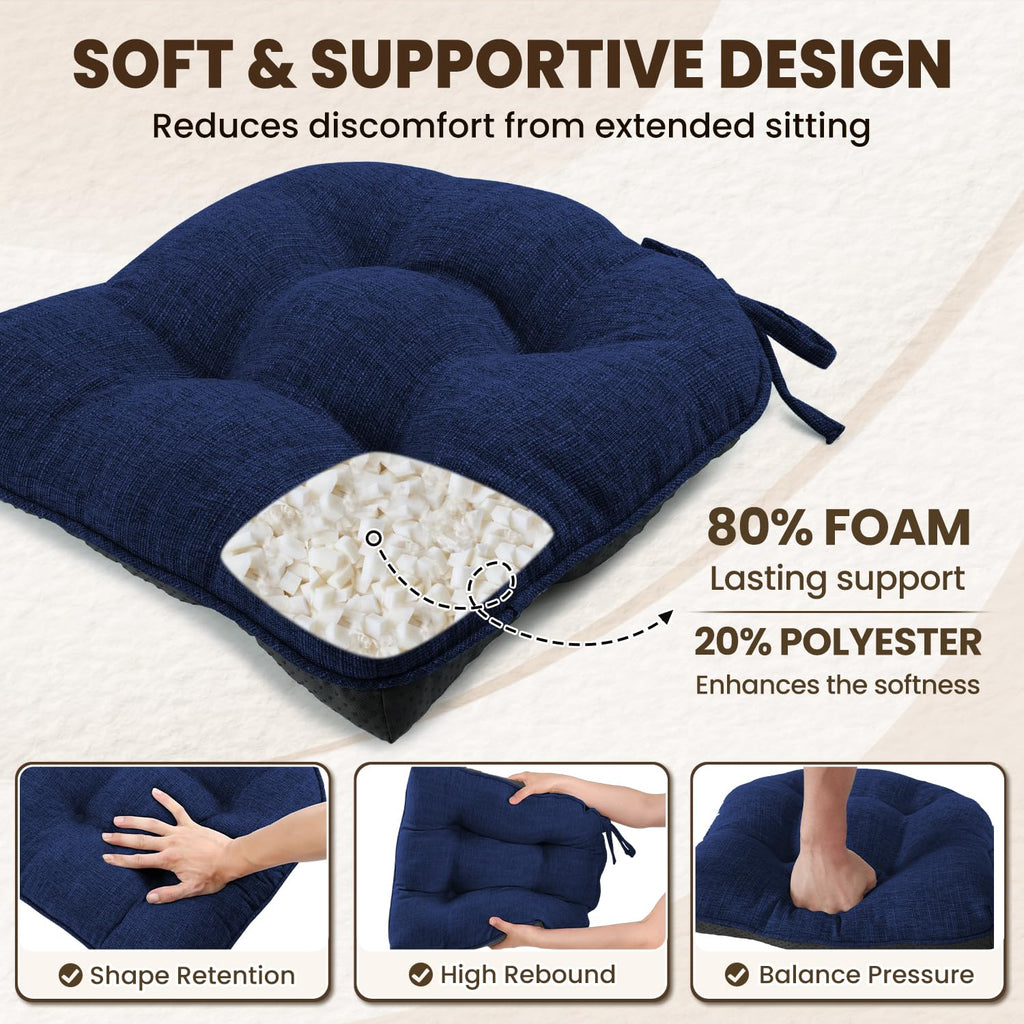 downluxe Indoor Chair Cushions for Dining Chairs, Tufted Overstuffed Textured Kitchen Chair Pads with Ties and Non-Slip Backing, 15.5" x 15.5" x 4", Aqua Blue, 4 Pack