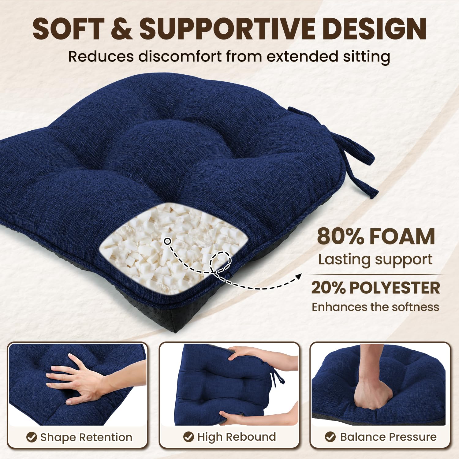 downluxe Indoor Chair Cushions for Dining Chairs, Tufted Overstuffed Textured Kitchen Chair Pads with Ties and Non-Slip Backing, 15.5" x 15.5" x 4", Aqua Blue, 4 Pack