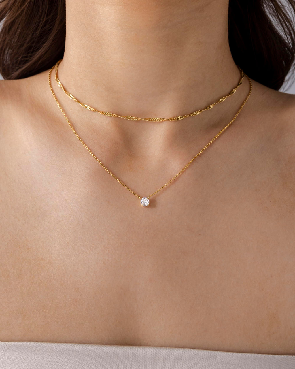 PAVOI 14K Gold Plated Twisted Singapore Chain Layering Choker with Round Solitaire and Serpentine Chain Layering Choker with Pear-Cut Stone Pendant Necklace Pack for Women | Cubic Zirconia Statement Layered Necklace Set