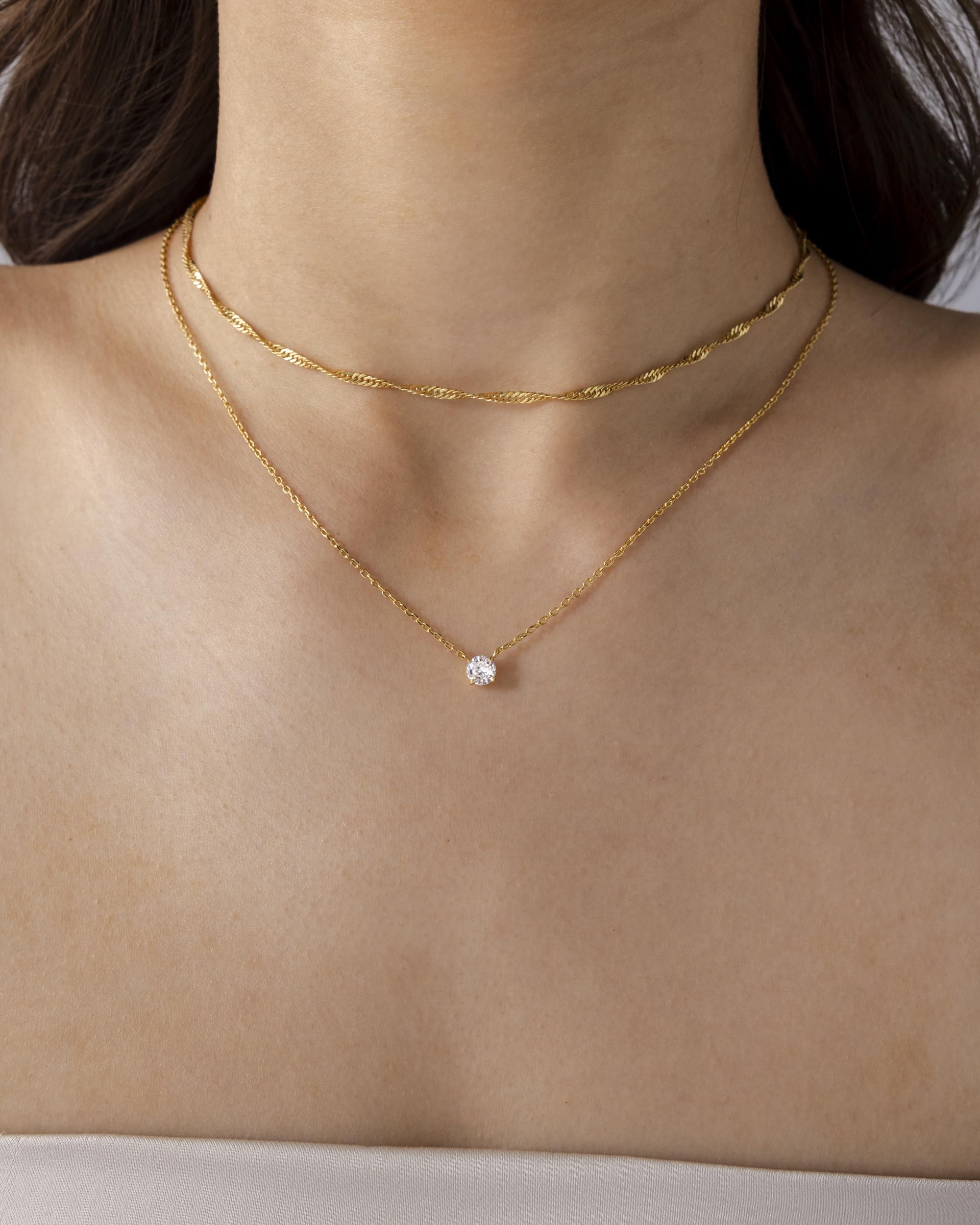 PAVOI 14K Gold Plated Twisted Singapore Chain Layering Choker with Round Solitaire and Serpentine Chain Layering Choker with Pear-Cut Stone Pendant Necklace Pack for Women | Cubic Zirconia Statement Layered Necklace Set