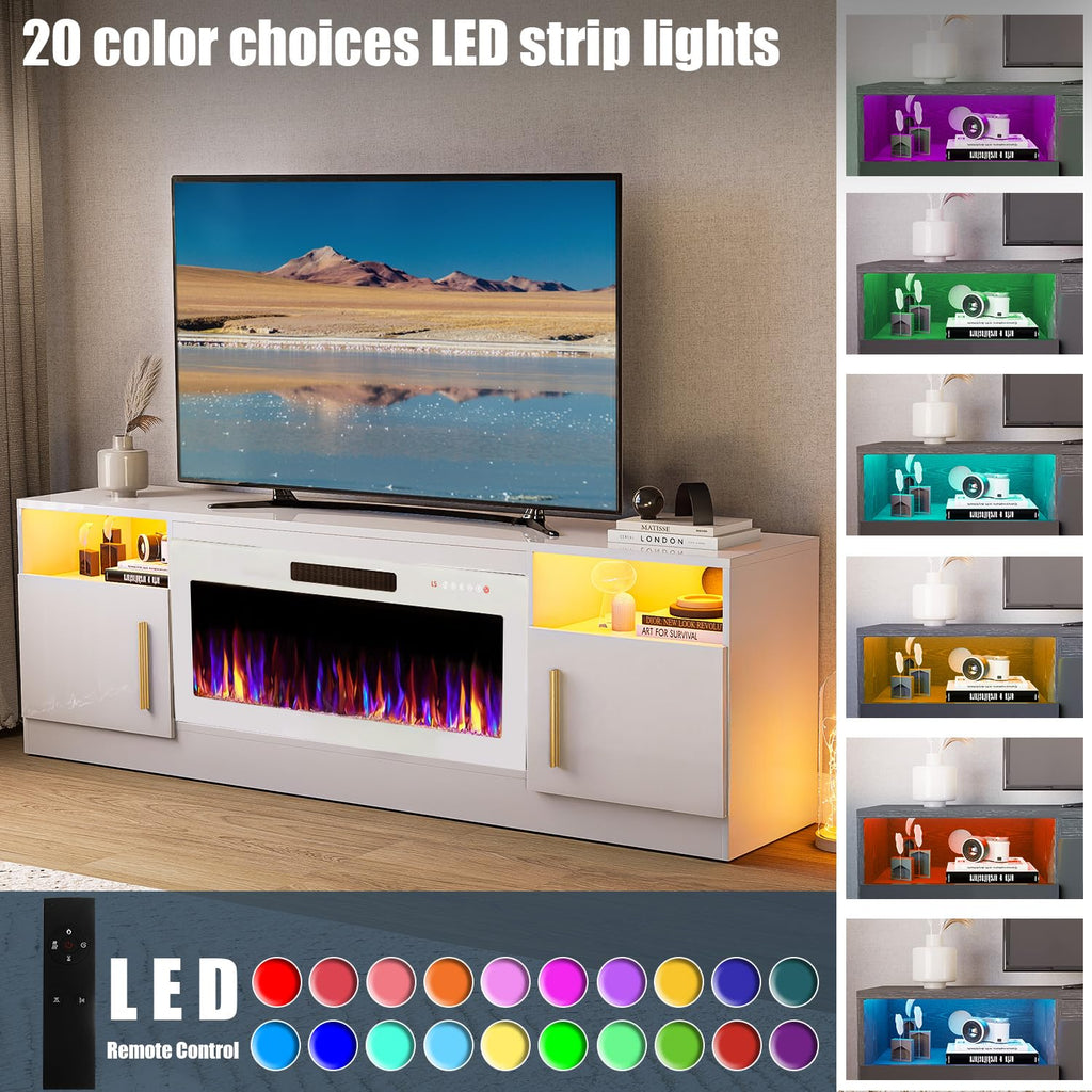 VITESSE 58 Inches Fireplace TV Stand for TVs up to 65 Inches Console with 18'' Electric Fireplace & Remote,Wooden Modern Entertainment Center for Living Room with LED Light Glass Shelves（Bei）