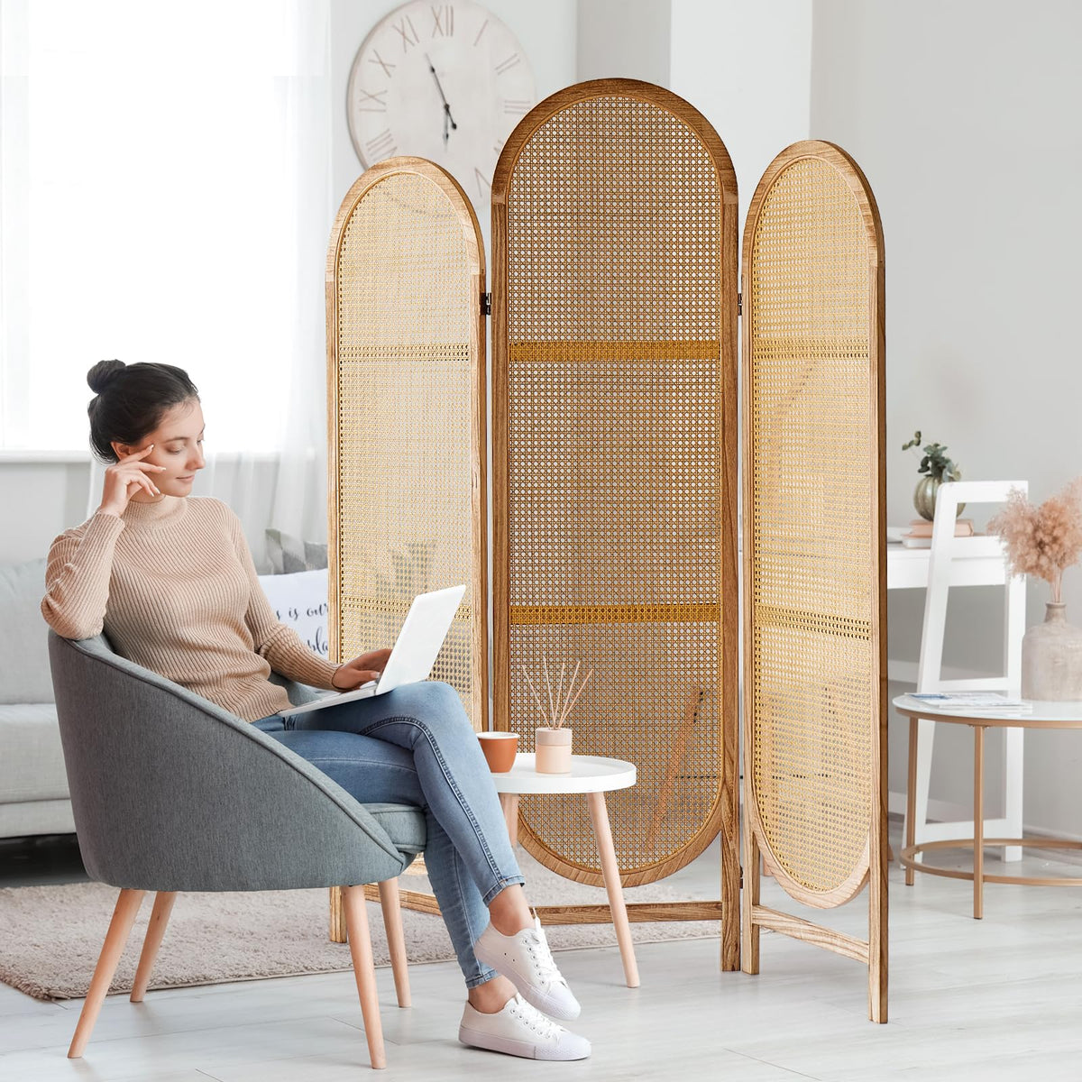 Hand-Woven Rattan Room Divider 3 Panels, 5.9 Ft Tall Wood Room Divider Panel, Partition Screen Divider Wall, Folding Privacy Screen, Wall Divider for Room Separation Home Office - Black