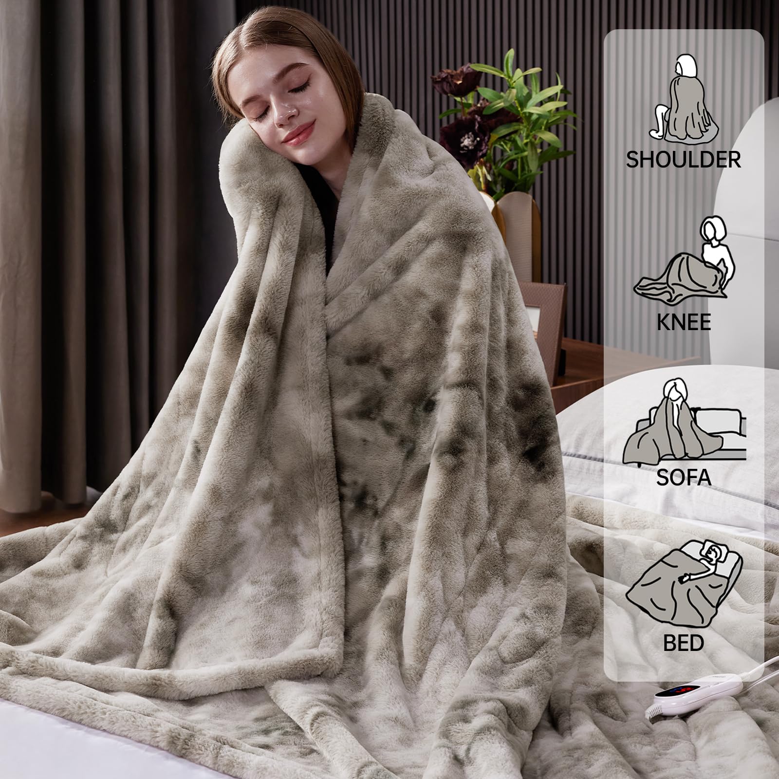 Guohaoi Heated Blanket Electric Throw, Soft Faux Rabbit Fur Electric Blanket with 10 Heating Levels 5 Sitting Timer Auto Off, Cozy Warm Heating Blankets, Machine Washable(50"×60" Beige)
