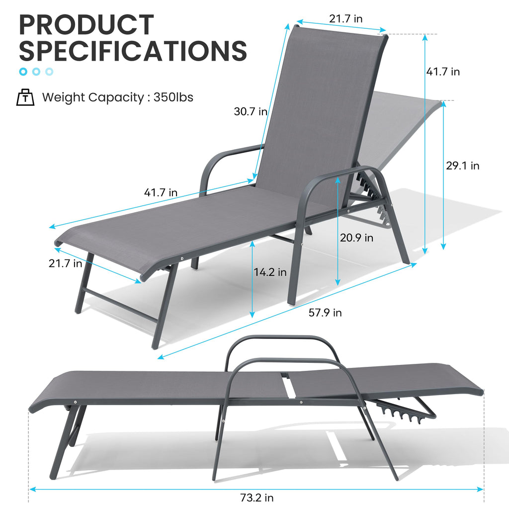 Crestlive Products Chaise Lounge Chair Outdoor with Armrests, Pool Lounge Chairs Set of 2, Aluminum Adjustable 5 Positions Sun Tanning Lounger for Patio, Poolside, Yard, Deck, Backyard (Beige)