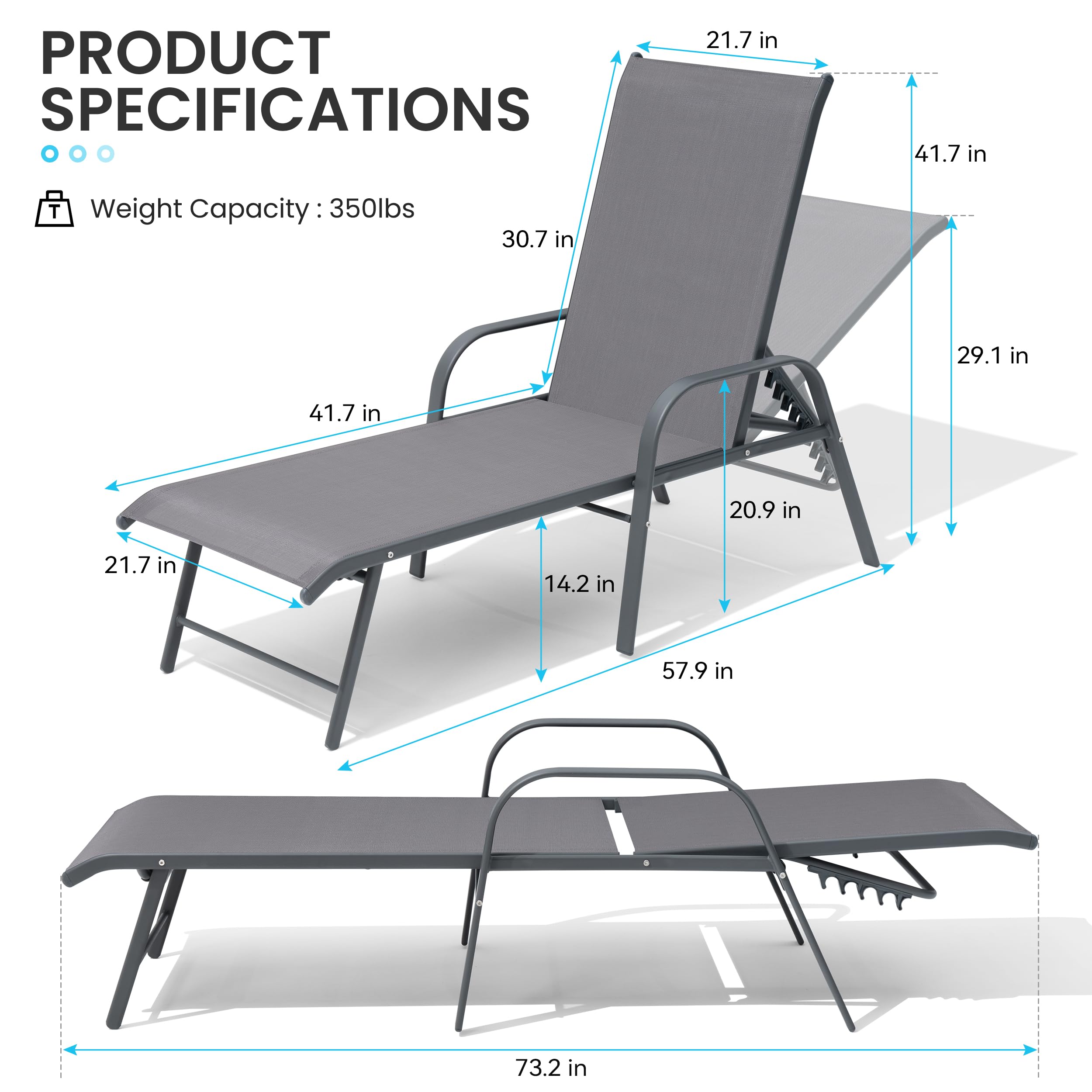 Crestlive Products Chaise Lounge Chair Outdoor with Armrests, Pool Lounge Chairs Set of 2, Aluminum Adjustable 5 Positions Sun Tanning Lounger for Patio, Poolside, Yard, Deck, Backyard (Beige)