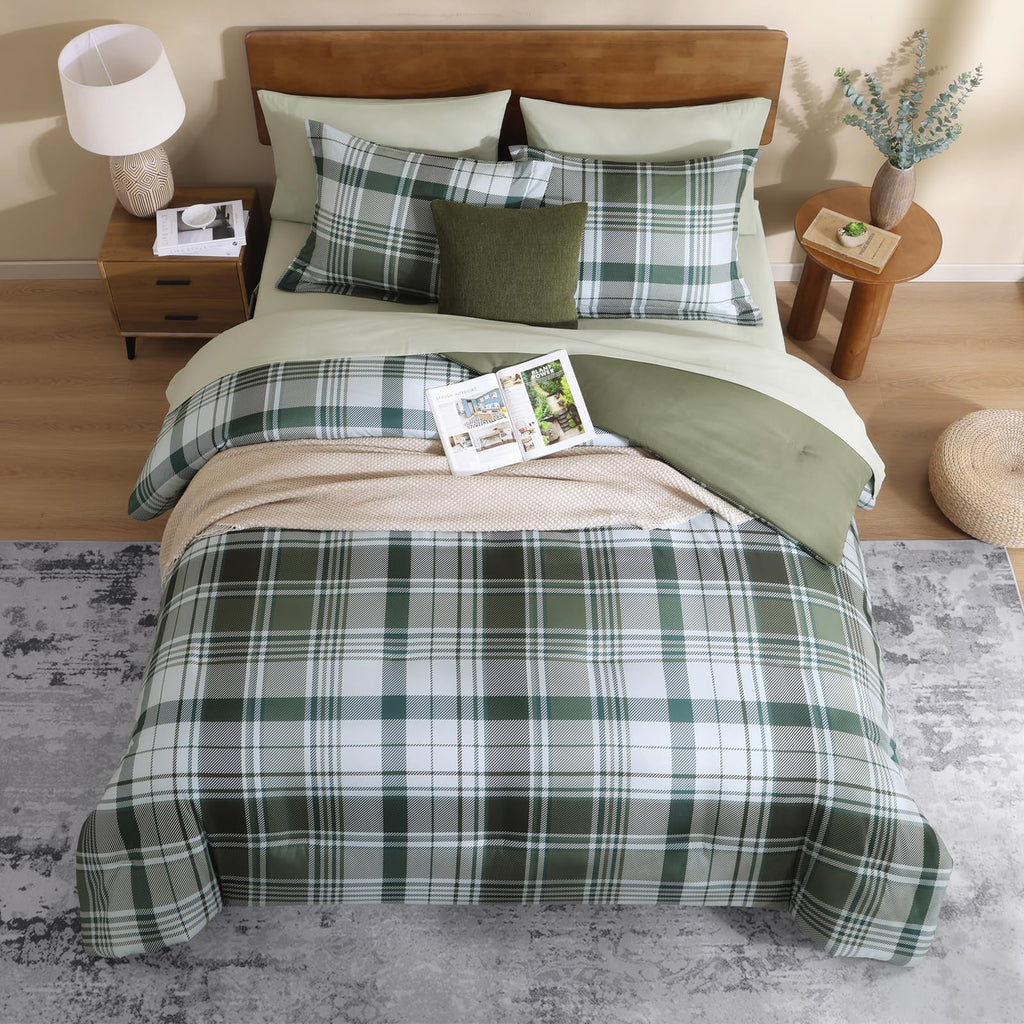 MaiRêve Queen Comforter Set, Classic Plaid Farmhouse Bedding Sets 7 Pieces, Beige All Season Bed in A Bag with Sheets, Pillowcases & Shams