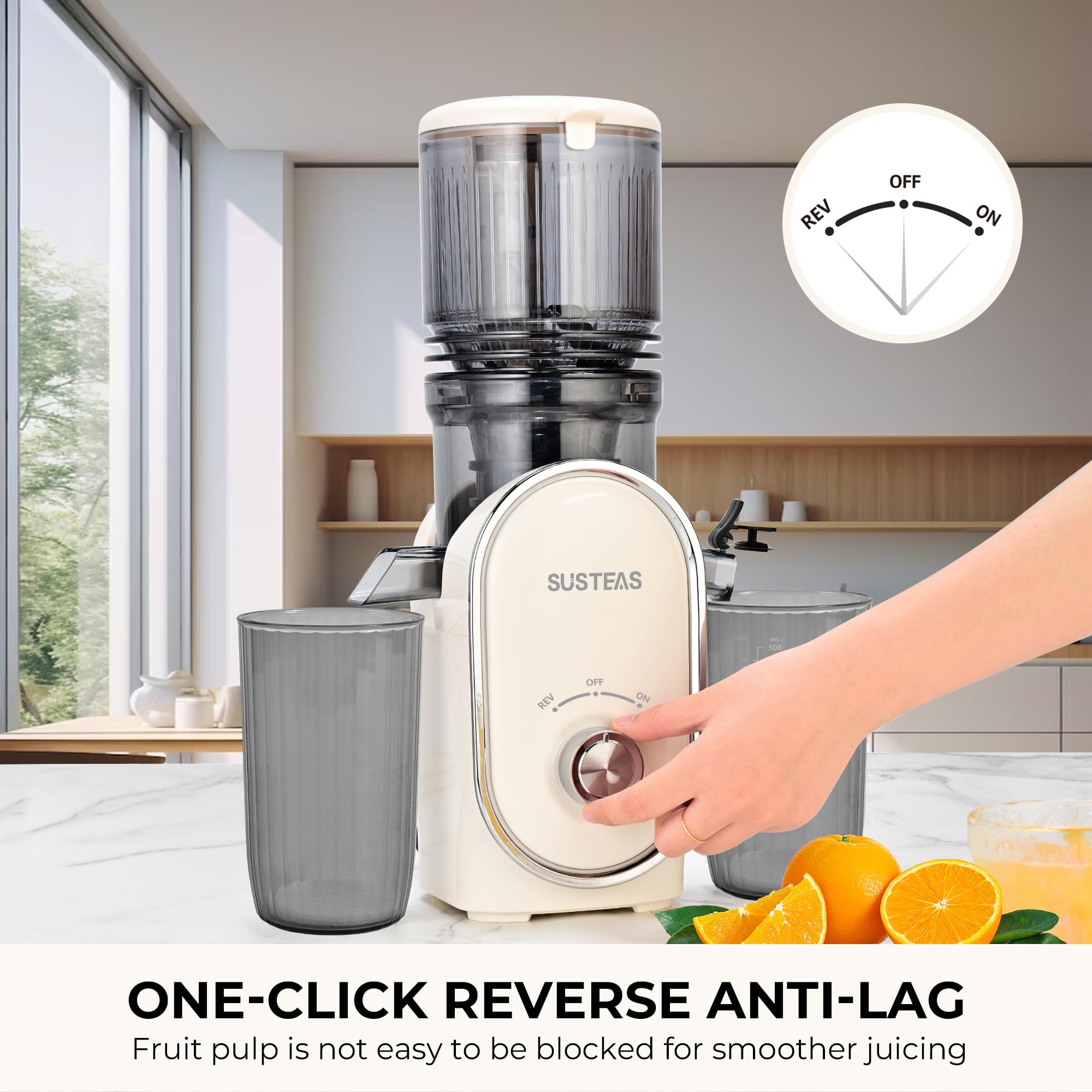SUSTEAS Cold Press Juicer, 5.3" Feed Chute Slow Masticating Machines with 300W, Fit Whole Fruits & Vegetables, High Juice Yield, Easy to Clean, White