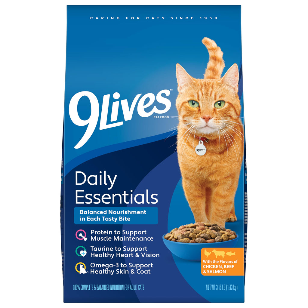 9Lives Daily Essentials Dry Cat Food for Adult Cats with Chicken, Beef & Salmon Flavors, 3.15 lb. Bag (Pack of 4)