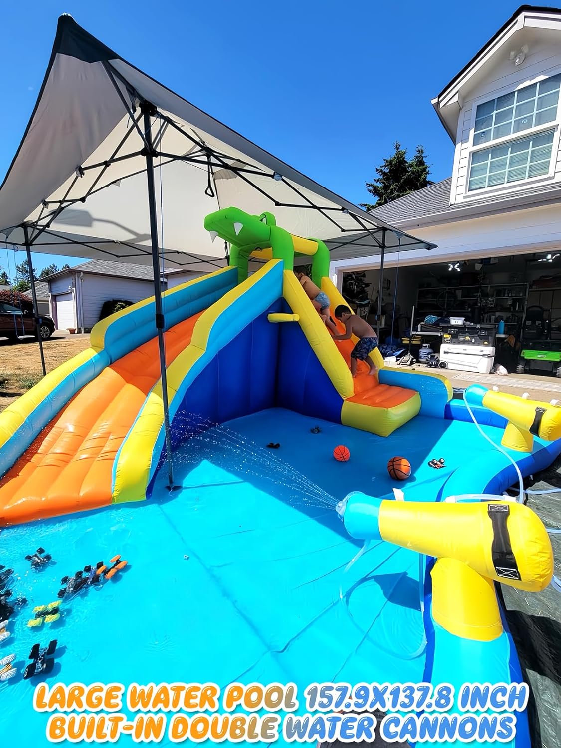 ROOJER Crocodile Inflatable Water Slide for Kids Backyard 8-in-1 Blow Up Wet & Dry Bounce House Water Park with Blower, Splash Pool, Climbing Wall, Double Cannons for Indoor Outdoor Party Fun Ages 3-8