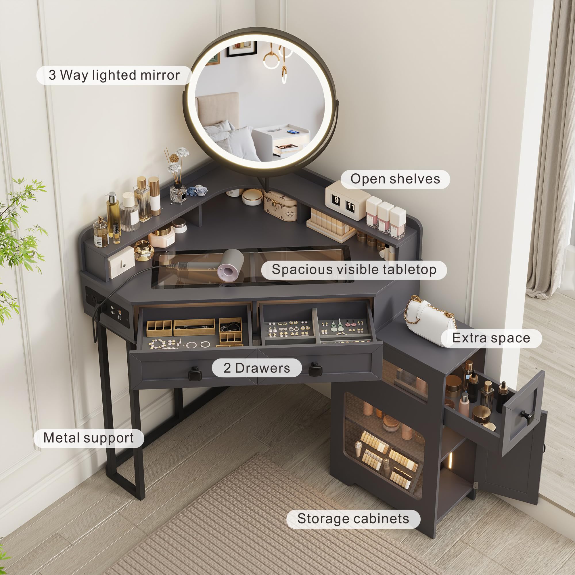 Corner Vanity Desk with Mirror and Lights, Modern Makeup Vanity with Charging Station & Human Sensor Light, Glass Top Dressing Table with 4 Drawers & Shelves for Bedroom (White)