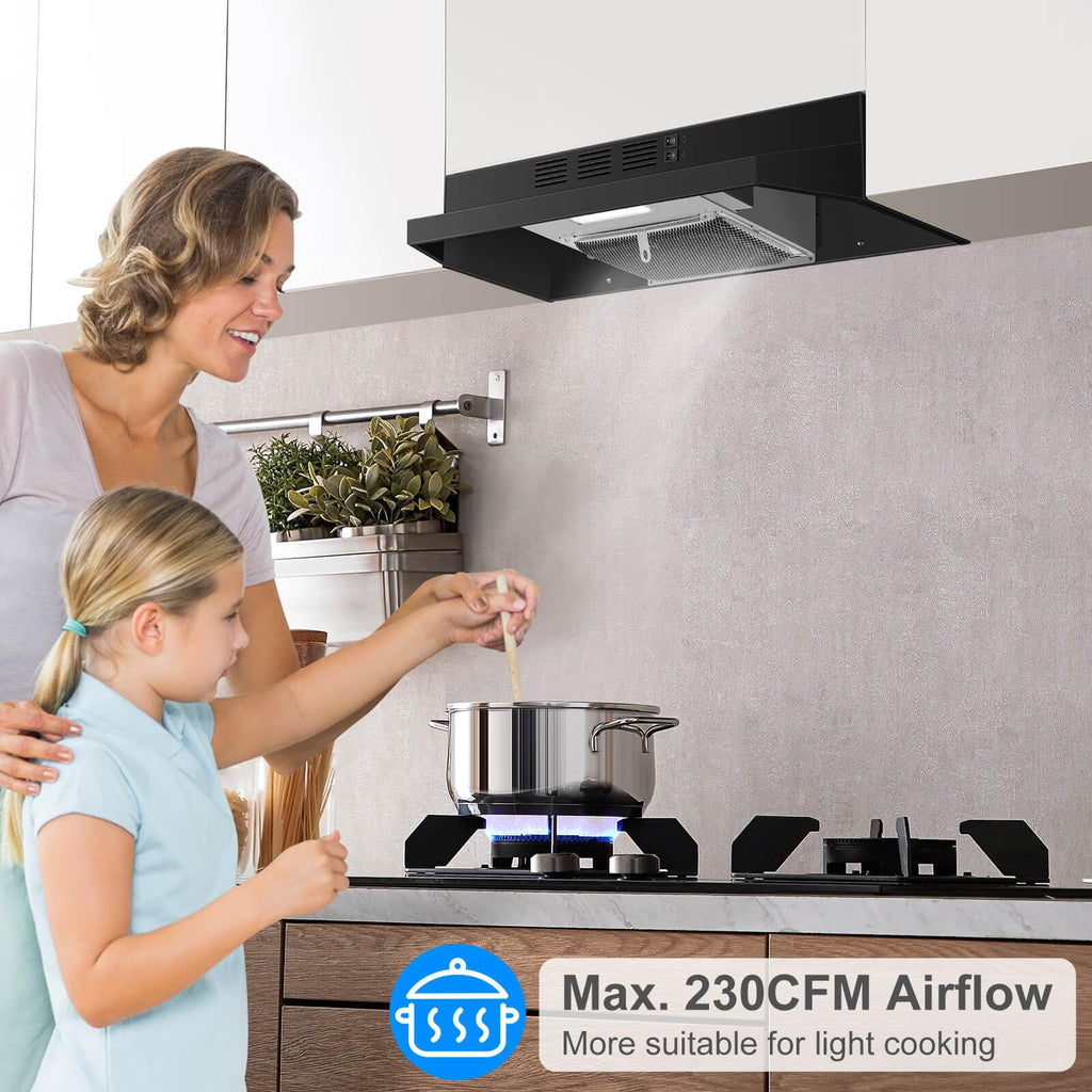 SNDOAS Black Range Hood 24 inch,Ducted/Ductless Range Hood Under Cabinet,Black Coating Stainless Kitchen Exhaust Hood with 2-speed Fan,230 CFM,Rocker Switch,Hard-wired Stove Vent, Ventless Hood