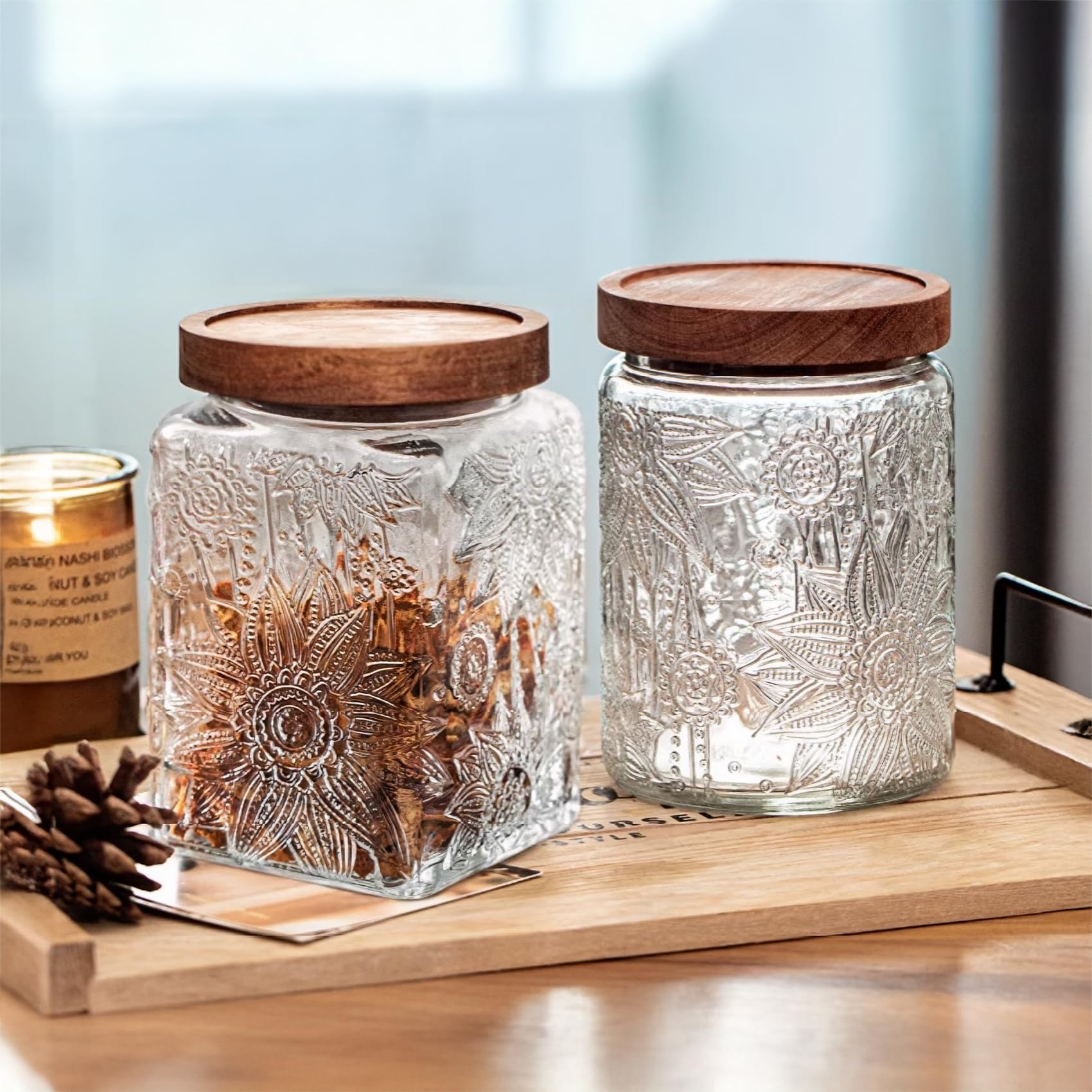 Custde Glass Storage Jars With Airtight Lid, 23.7oz Container For Kitchen Counter with Wooden Lid, brown sugar, candy, coffee, cookie, salt, tea, cute Jar (35oz Large Begonia Flowers)