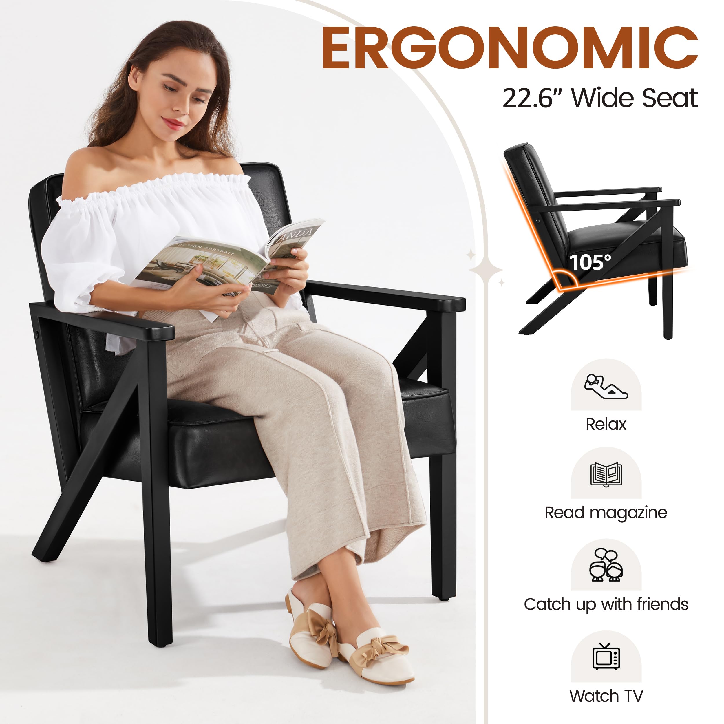 Yaheetech Accent Chair, PU Leather Reading Chair, Mid Century Modern Arm Chair with Solid Wood Frame for Living Room Bedroom Waiting Room, 2 Pieces, Black