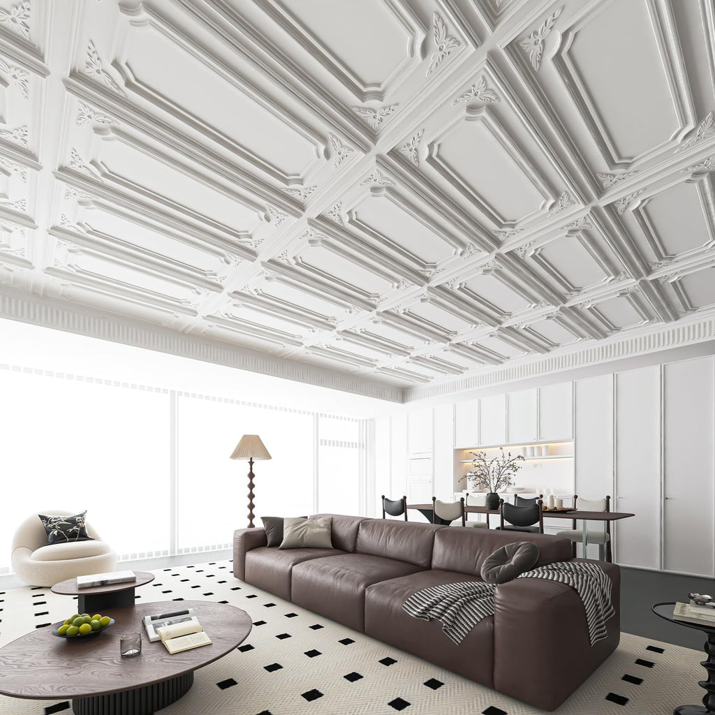 Art3dwallpanels 12 Pack Drop Ceiling Tiles, 2x4 Ft PVC Decorative 3D Wall Panel, Glue Up Ceiling Covering Panels for Basement Kitchen Bathroom, 24x48 Inch, Cover 96 Sq. Ft, White