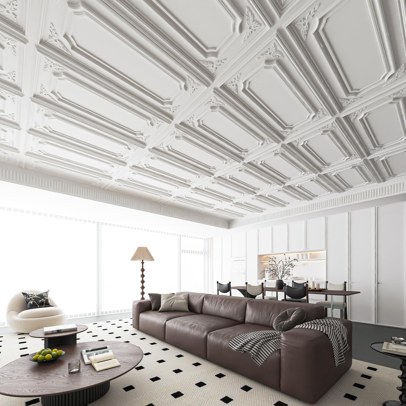 Art3dwallpanels 12 Pack Drop Ceiling Tiles, 2x4 Ft PVC Decorative 3D Wall Panel, Glue Up Ceiling Covering Panels for Basement Kitchen Bathroom, 24x48 Inch, Cover 96 Sq. Ft, White