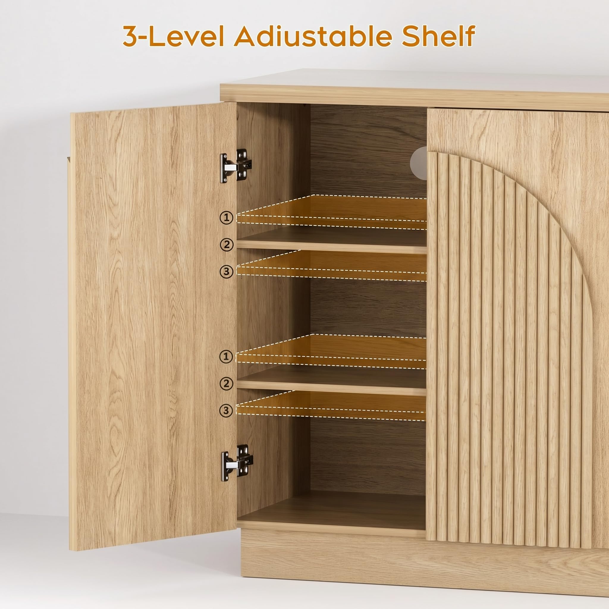 Yechen 55" Fluted Sideboard Buffet Cabinet with Storage, Wood Mid Century Modern Credenza Cabinet w/Arched Reeded Doors & Adjustable Shelves for Kitchen, Living Room, Entryway