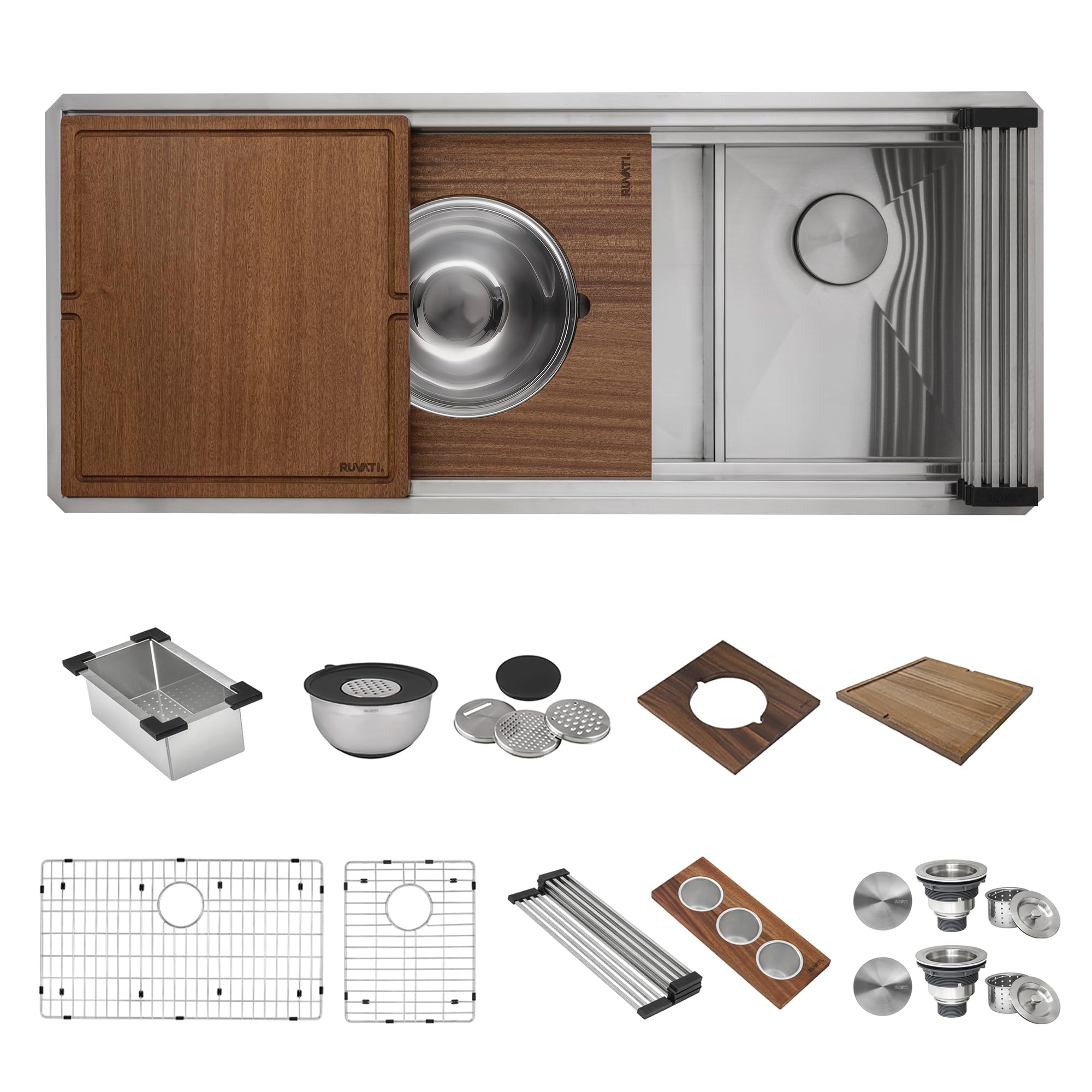 Ruvati 33-inch Workstation Kitchen Sink - Dual Tier Double Bowl Kitchen Sink - Low Divide Undermount Sinks - 16 Gauge Stainless Steel Kitchens Sinks - RVH8255