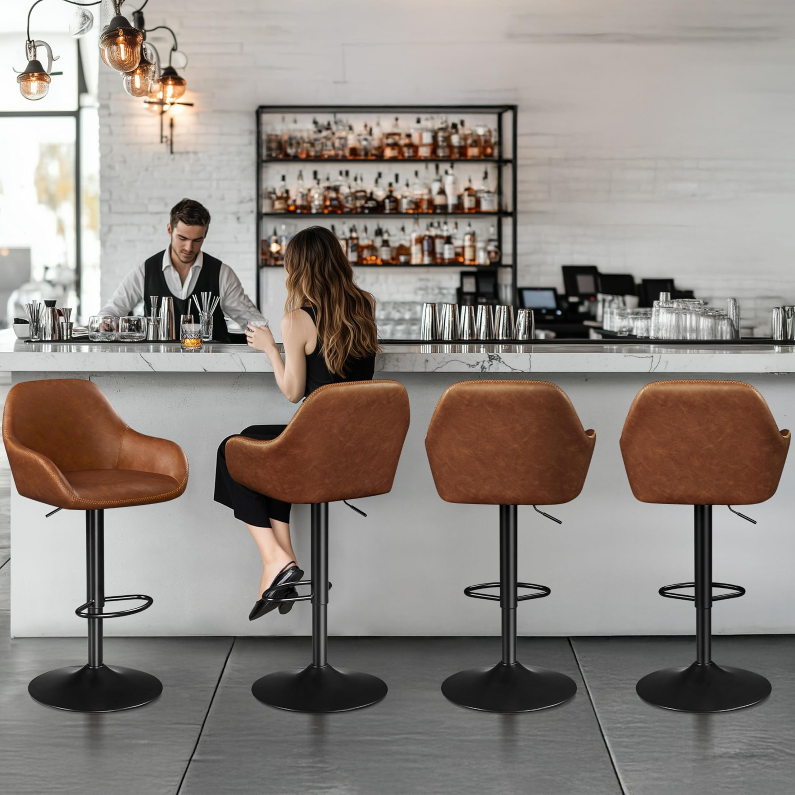 Yaheetech Bar Stools Set of 2, PU Leather Swivel Counter Height Barstools, Adjustable Bar Chairs with Backrest and Footrest, Kitchen Island Stool for Home Kitchen, Black