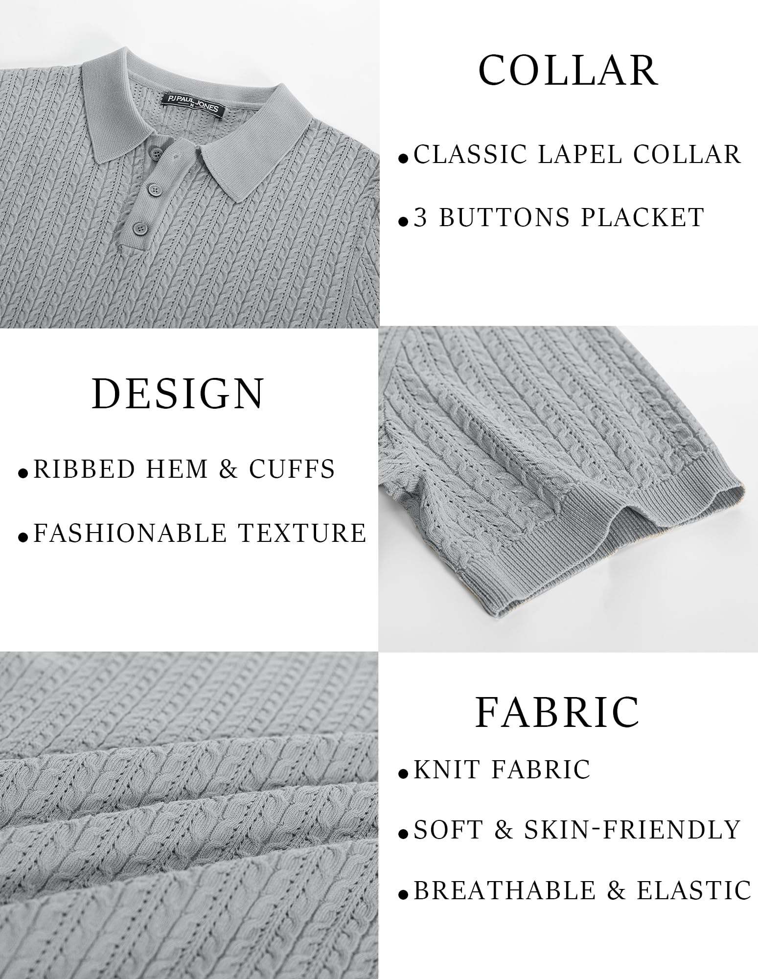 PJ PAUL JONES Mens Knit Polo Shirt Short Sleeve Hollow Out Knit Shirt Texture Knitted Polo