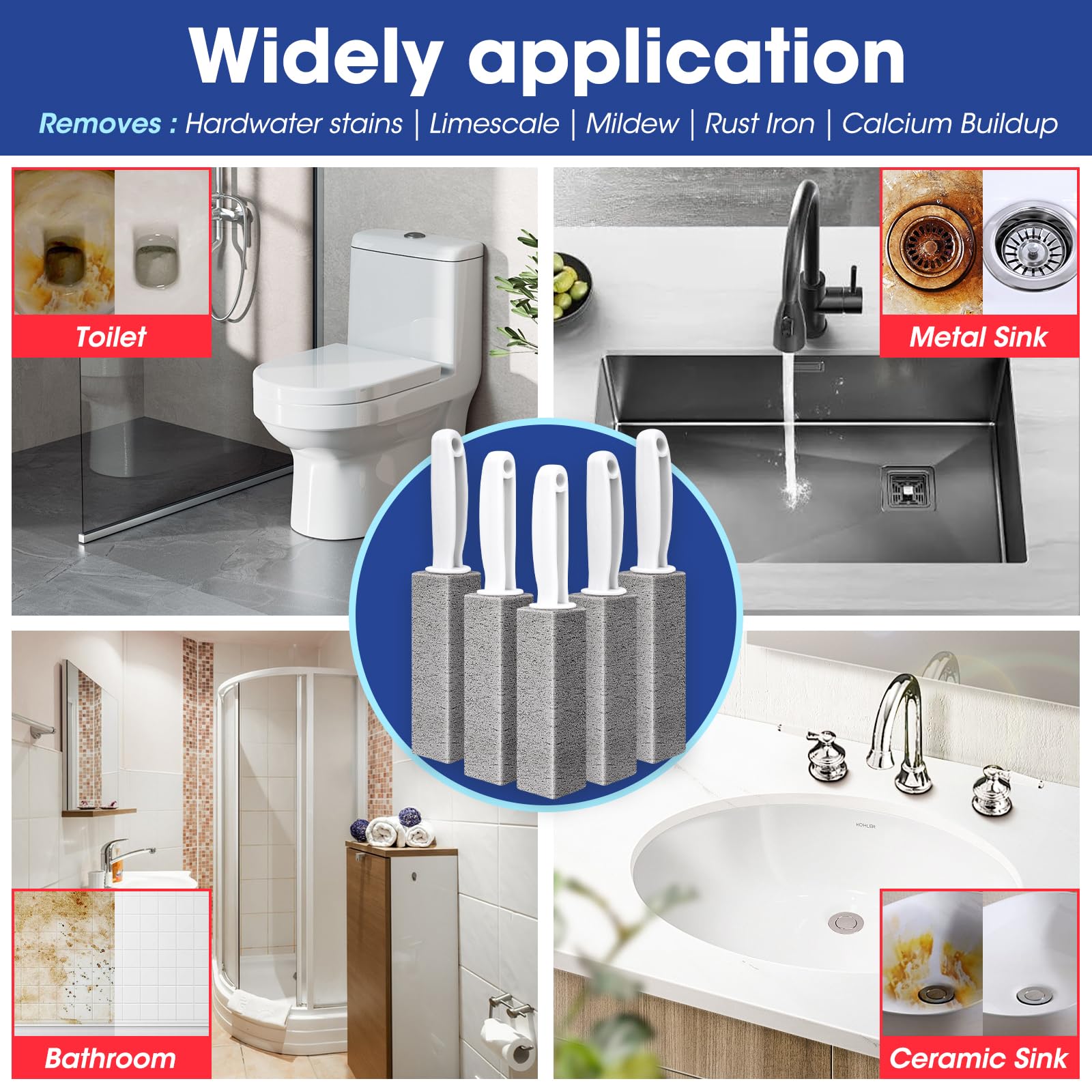 AZEN 5 Pack Pumice Stone for Cleaning, Pumie Scouring Stick with Handle, Pumice Stone Toilet Bowl Cleaner, Hard Water Stain Remover for Toilet, Bathroom, Kitchen Sink, Grill
