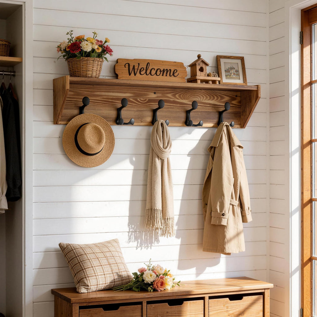 SKOLOO Wall Shelf with Hooks, 24-Inch Cherry Coat Rack Wall Mount with Shelf Organizer - Heavy Duty, 4 Tri Hooks - Perfect for Entryway, Hallway, Living Room, Bedroom, Mudroom