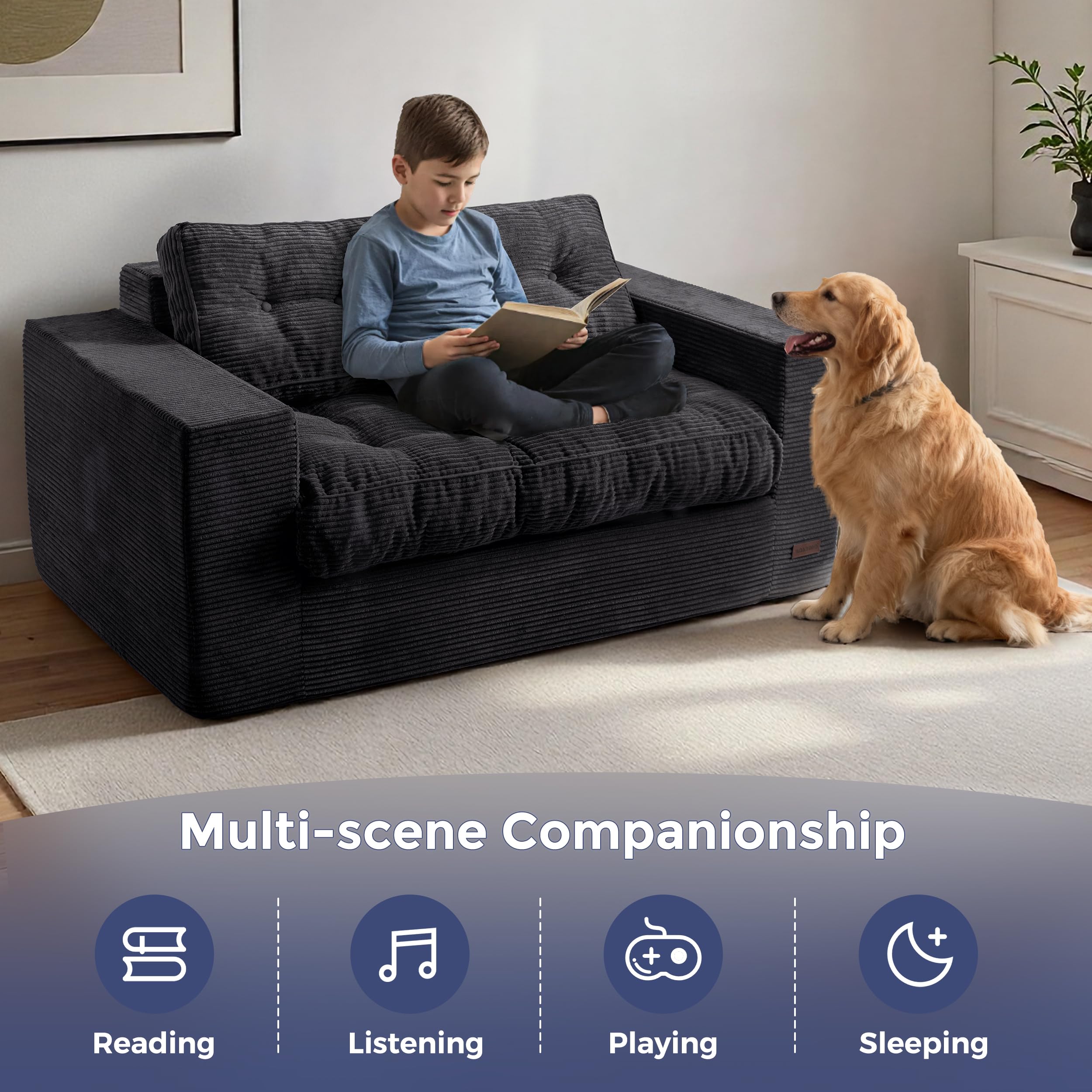 MAXYOYO 3 Seater Sofa Couch for Living Room, Tufted Boneless Couch Sofa Couch, Comfy Bubbled Bean Bag Chair for Apartment, No Assembly Needed, Beige