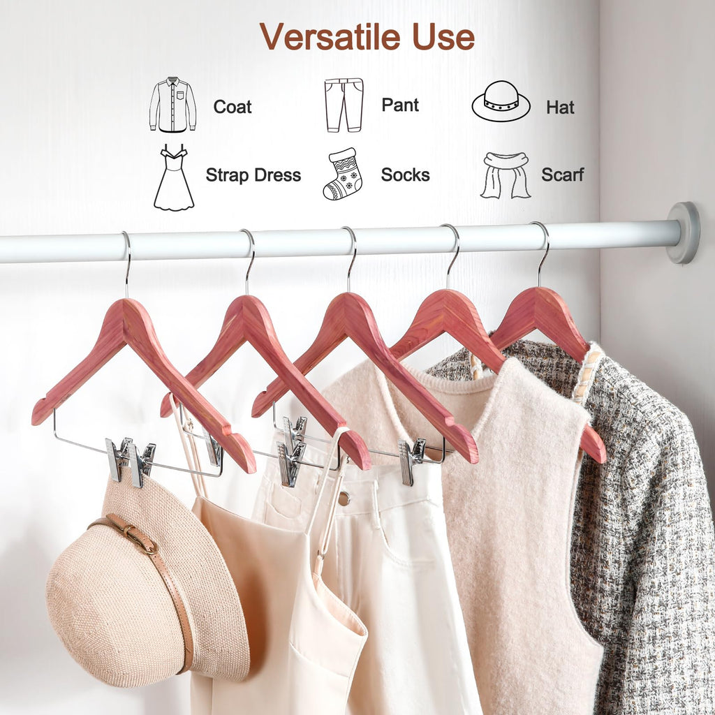 TOPIA HANGER Wooden Suit Hangers with Adjustable Metal Clips (10 Pack), Solid Wood Clothes Hangers, 360° Swivel Hook, Premium Retro Finish Pants Hangers for Clothes Coat, Jeans, Blouse-CT28A
