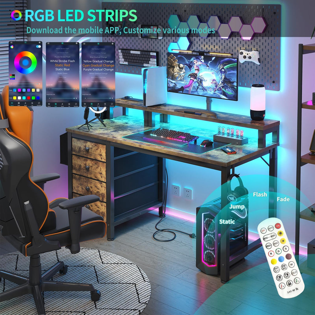Lufeiya White Desk with 4 Drawers - 47 inch Gaming Desk with Monitor Stand, Reversible Computer Gaming Table with LED Lights Power Outlets and Storage Bag Fabric Drawer for Home Office, Bedroom, White