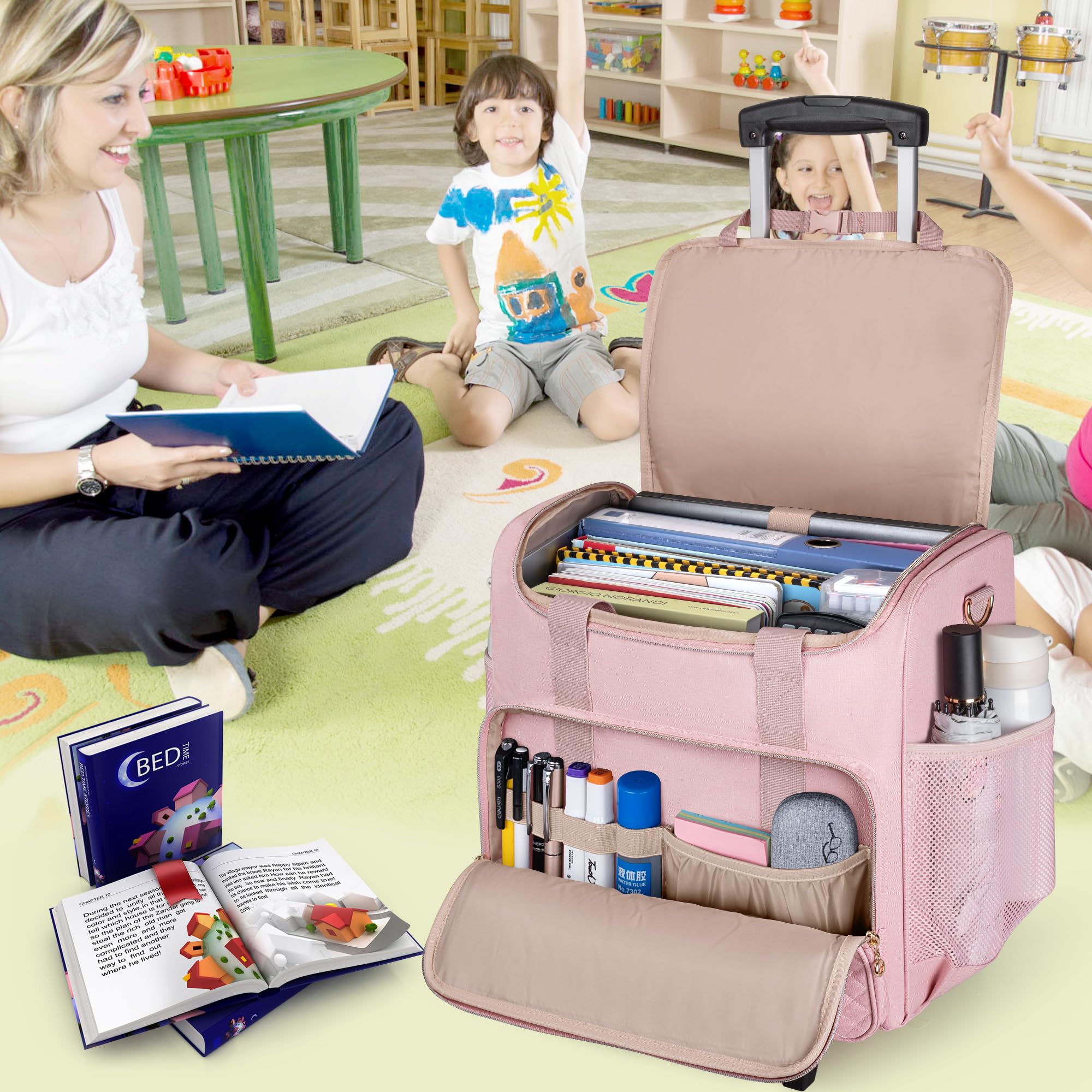 LUXJA Rolling Teacher Bag with Laptop Compartment and Detachable Dolly, Multifunctional Rolling Teacher Tote Bag (Patent Pending), Black