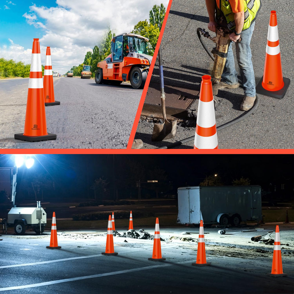 RoadHero 4 Pack Traffic Safety Cones 18 Inch with Black Weighted Base, Plastic PVC Cone, Orange Cones with Reflective Collar, Cones for Parking Lot, Construction Events, Road Safety