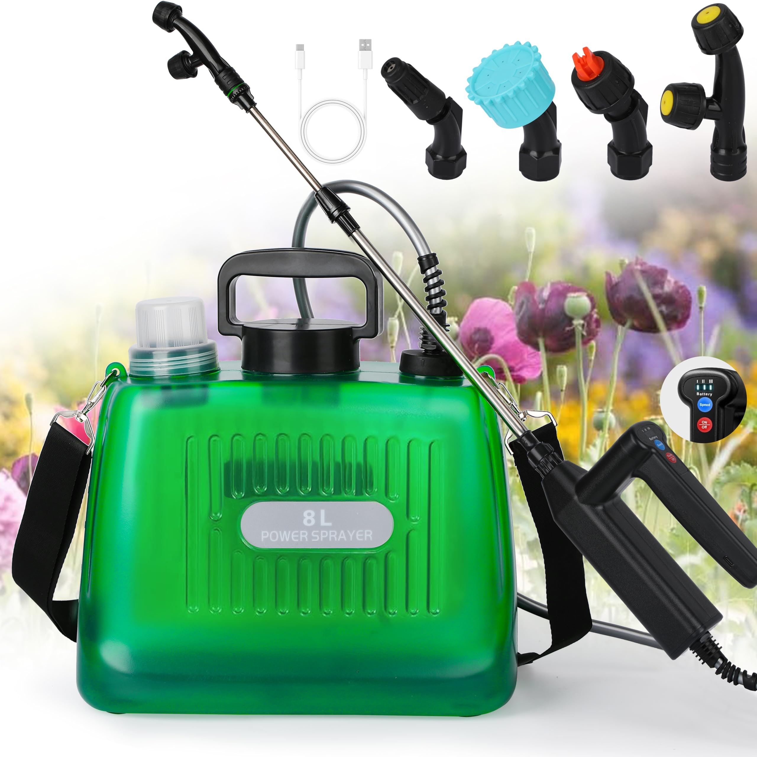Battery Powered Sprayer 2 Gallon, Electric Sprayer with 4 Mist Nozzles, USB Rechargeable Handle, 32in telescopic Wand, Garden Sprayer with Adjustable Shoulder Strap for Lawn, Garden, Cleaning