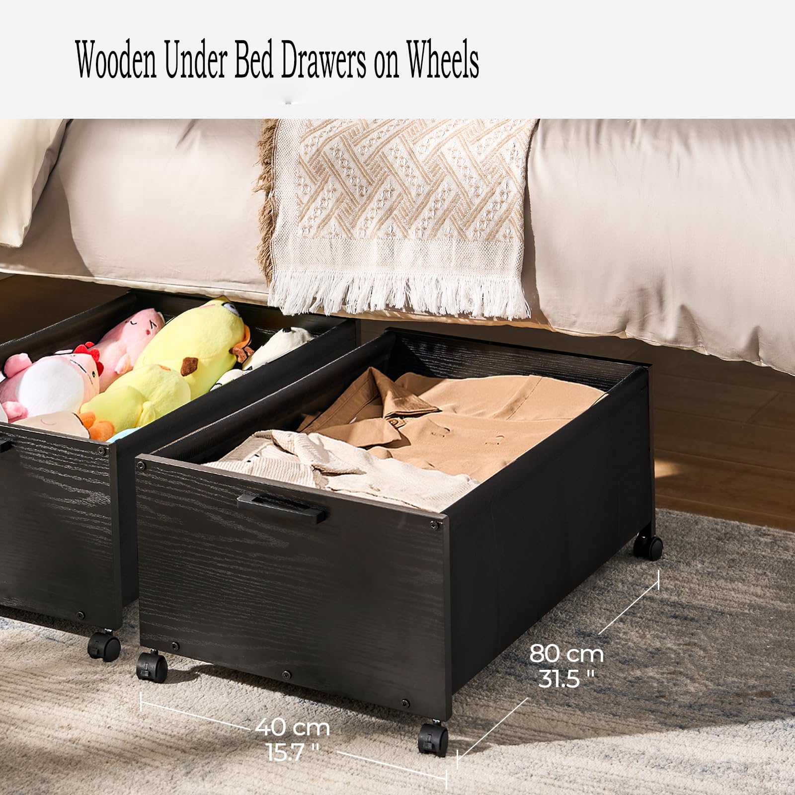 FOUCSSOMEI Under Bed Storage with Wheels, Wooden Under Bed Drawers On Wheels, Rolling Under Bed Shoe Storage, Space Saving, Black,30L