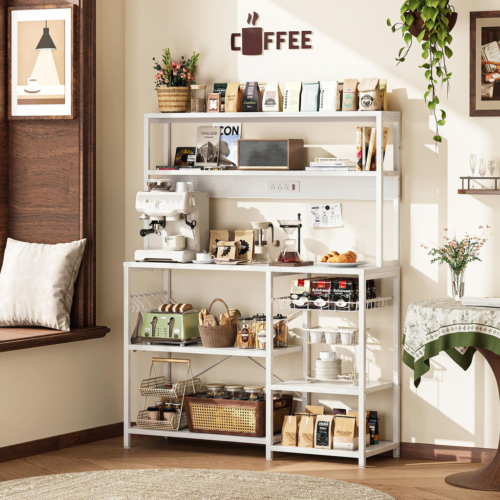 SUPERJARE Bakers Rack with Power Outlet, 35.4 Inches Coffee Bar with Wire Basket, Kitchen Microwave Stand with 6 S-Shaped Hooks, Open Storage Shelves, Black