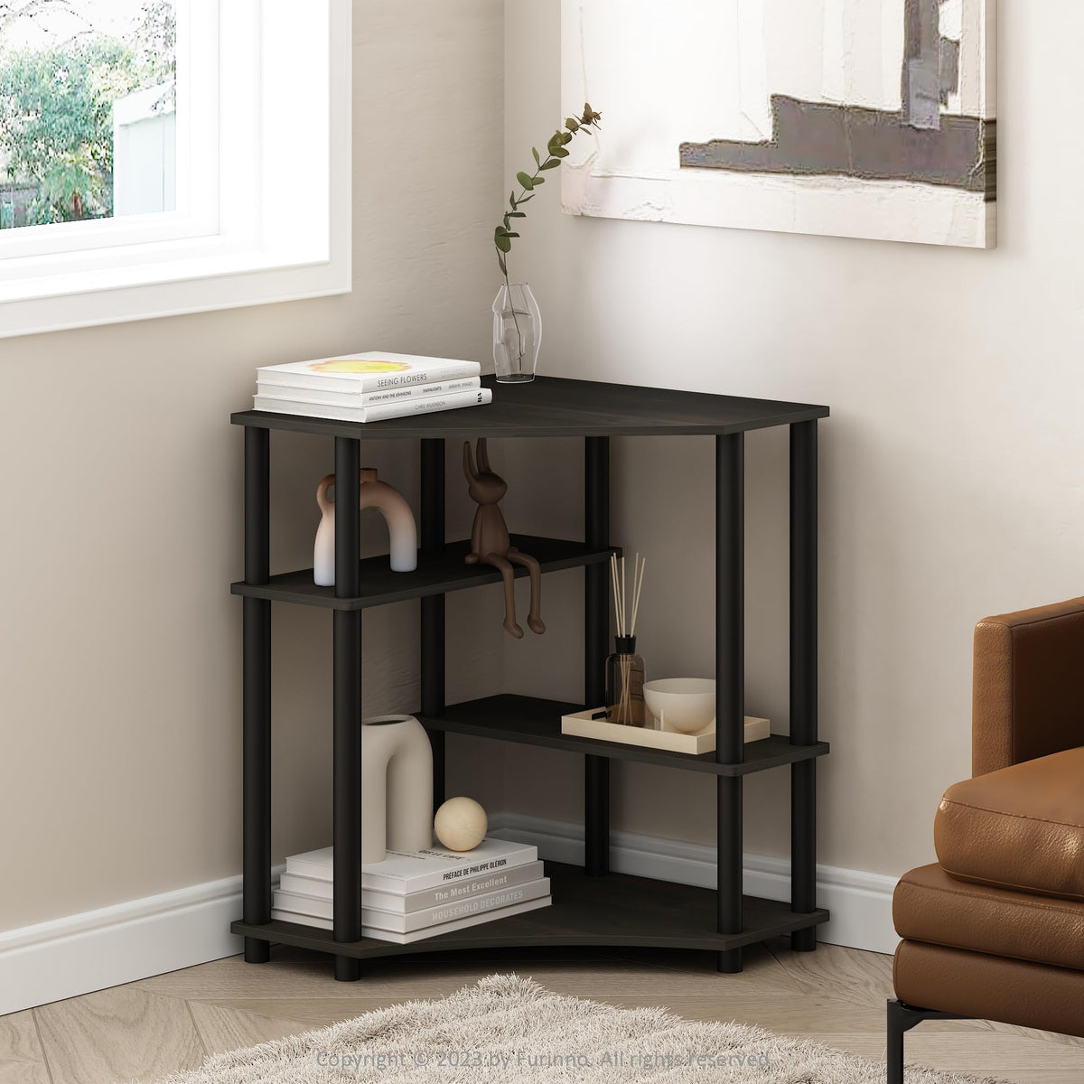 Furinno Turn-N-Tube Book Shelf, 4-Tier Bookshelf, Bookcase with Multipurpose Compact Display Rack, 11.6 x 23.6 x 43.2, for Living Room, Bedroom, Home Office, Americano/Black