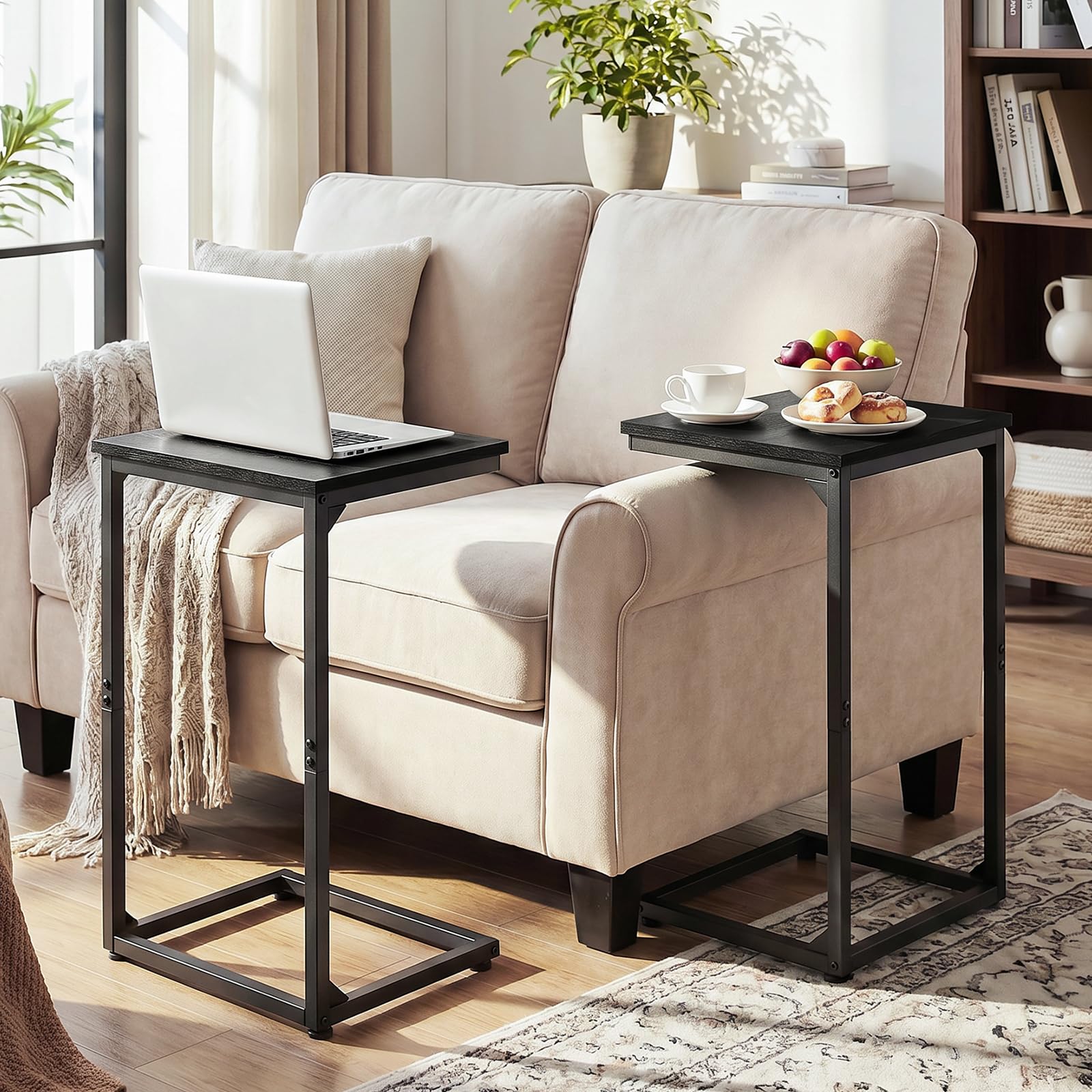AMHANCIBLE C Shaped End Tables Set of 2, Couch Side Tables that Slide Under Sofa, Slim TV Trays for Living Room and Bedroom, Narrow Space Saving Laptop Workstation, Black, HET02BBK