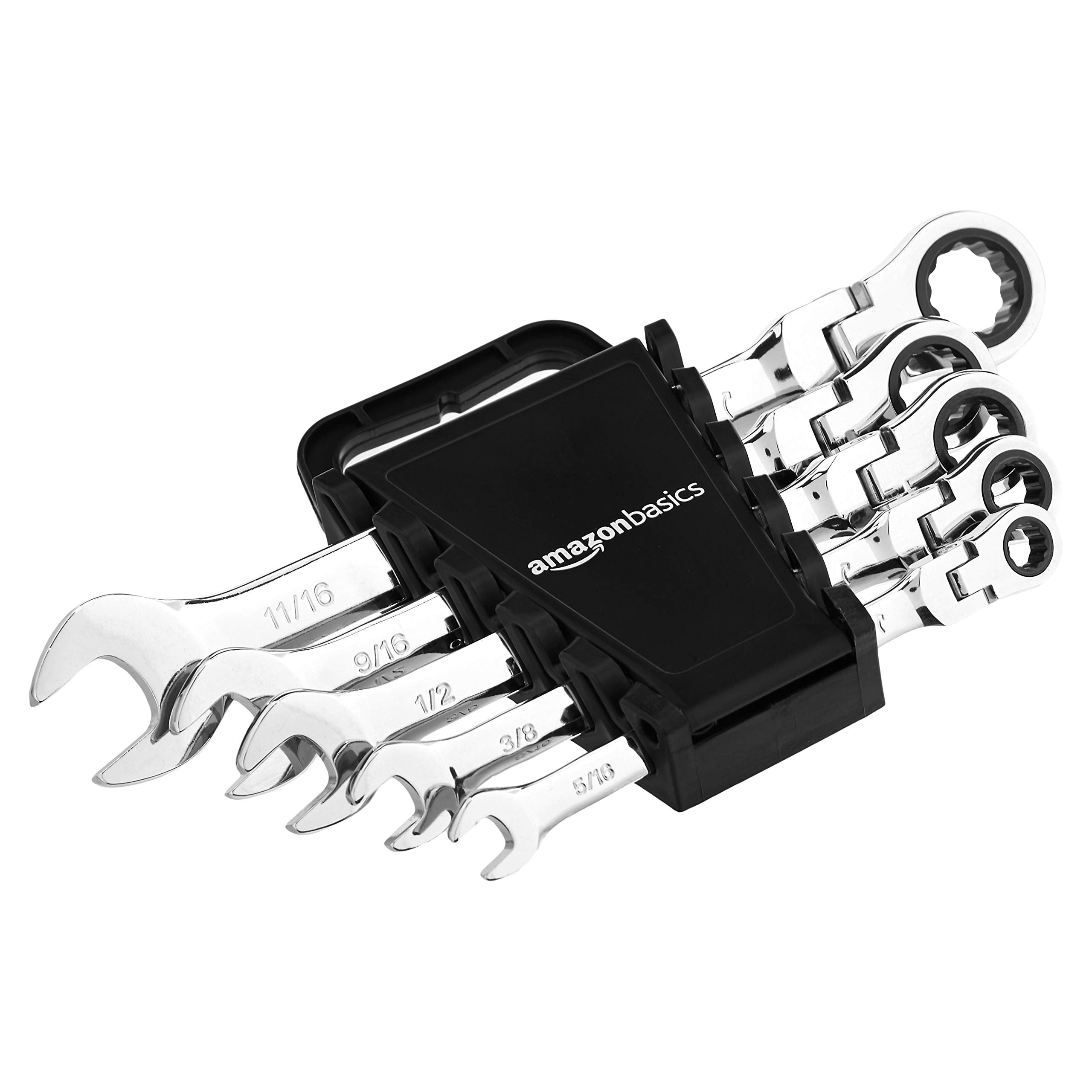Amazon Basics 72-Tooth Ratcheting Combination Wrench Set, Chrome Vanadium Steel Flexible Head, 5-Piece SAE Sizes 5/16", 3/8", 1/2", 9/16", 11/16", Chrome Finish