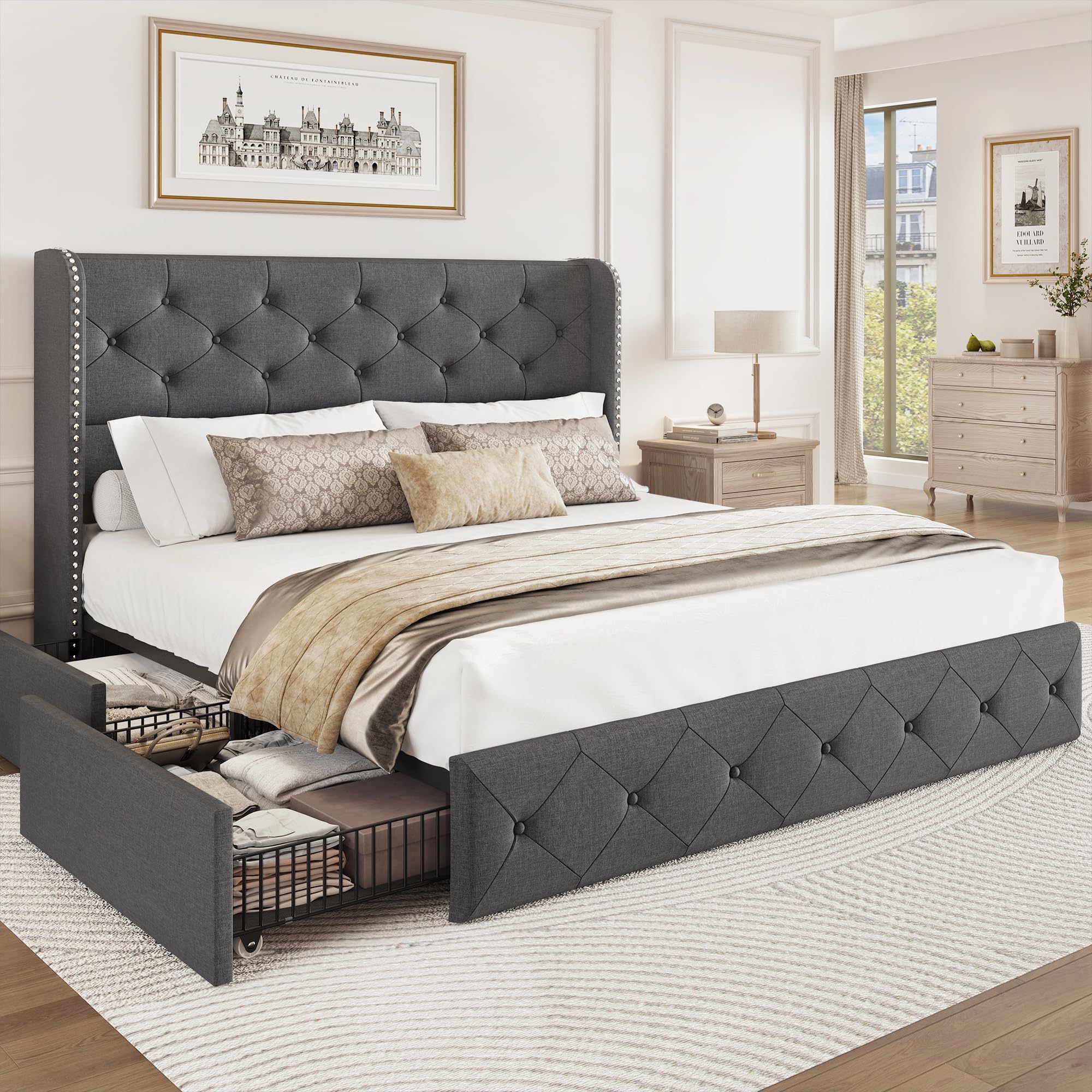 BRELTAM Full Size Bed Frame with Storage Drawers and Wingback Headboard Linen Upholstered Platform Bed Frame Tufted Beds with Heavy Duty Wood Slats, Noise Free, Easy Assembly, Beige