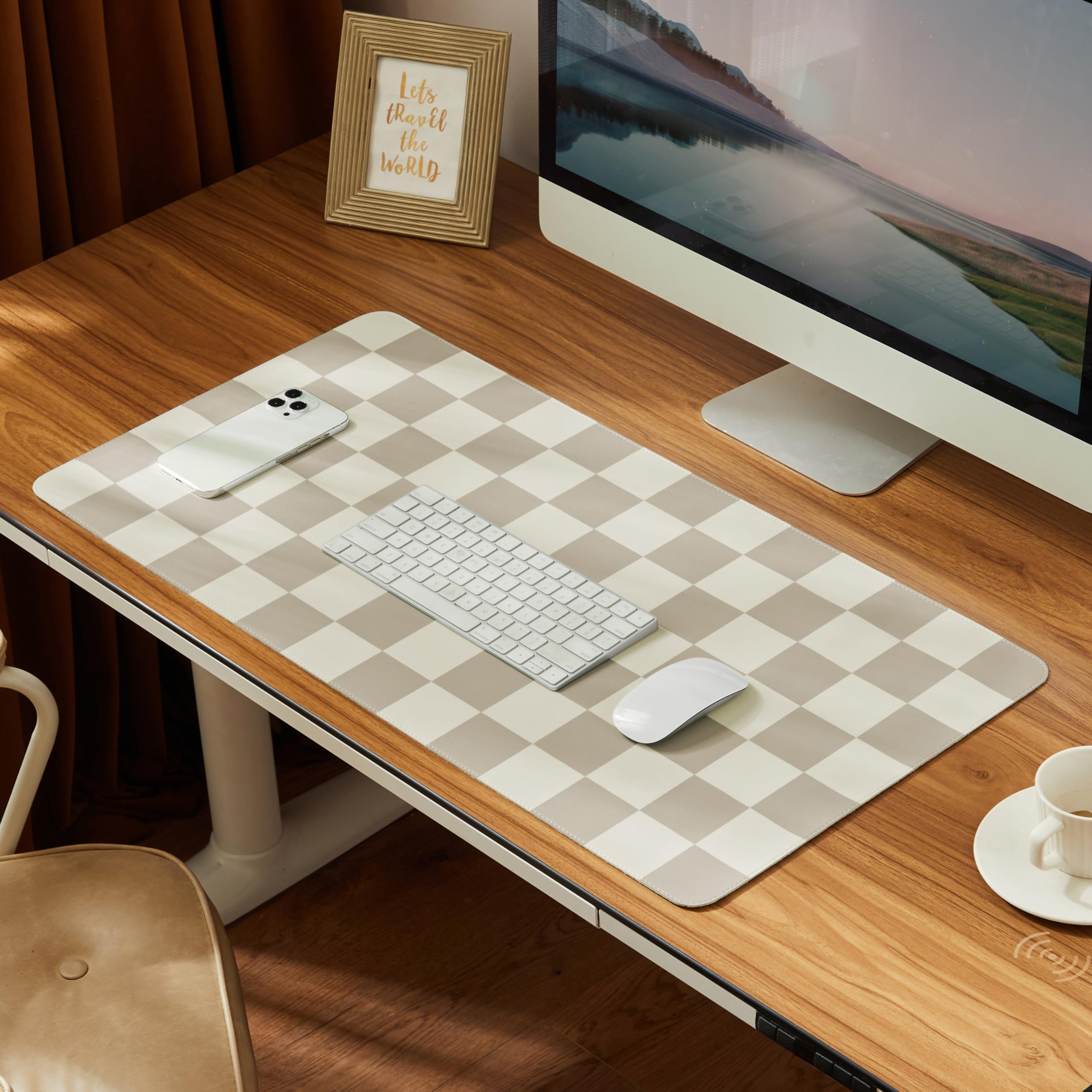 Ohocut Checkered Desk Mat, Large Cute Aesthetic Retro PU Leather Computer Laptop Desk Mat, Non-Slip Waterproof Mouse Keyboard Pad, Desk Writing Mat for Work/Home (Beige, 23.6" x 13.7")