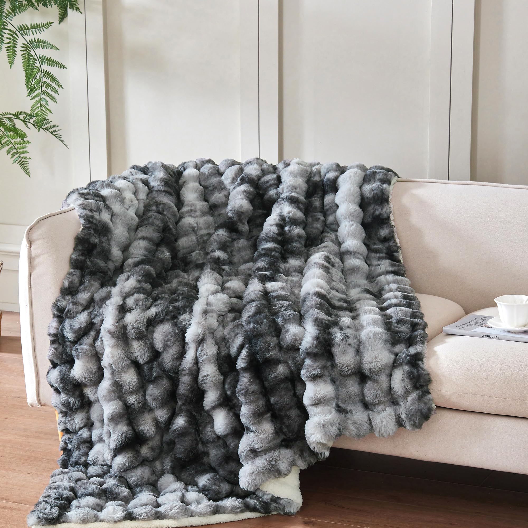 50x60 Inches Ultra-Soft Fuzzy Faux Fur Plush Throw Blanket - Thick, Warm Sherpa for Couch, Sofa, Bedroom, Camping - Decorative Blanket for Cozy Warmth, Bubble Grey