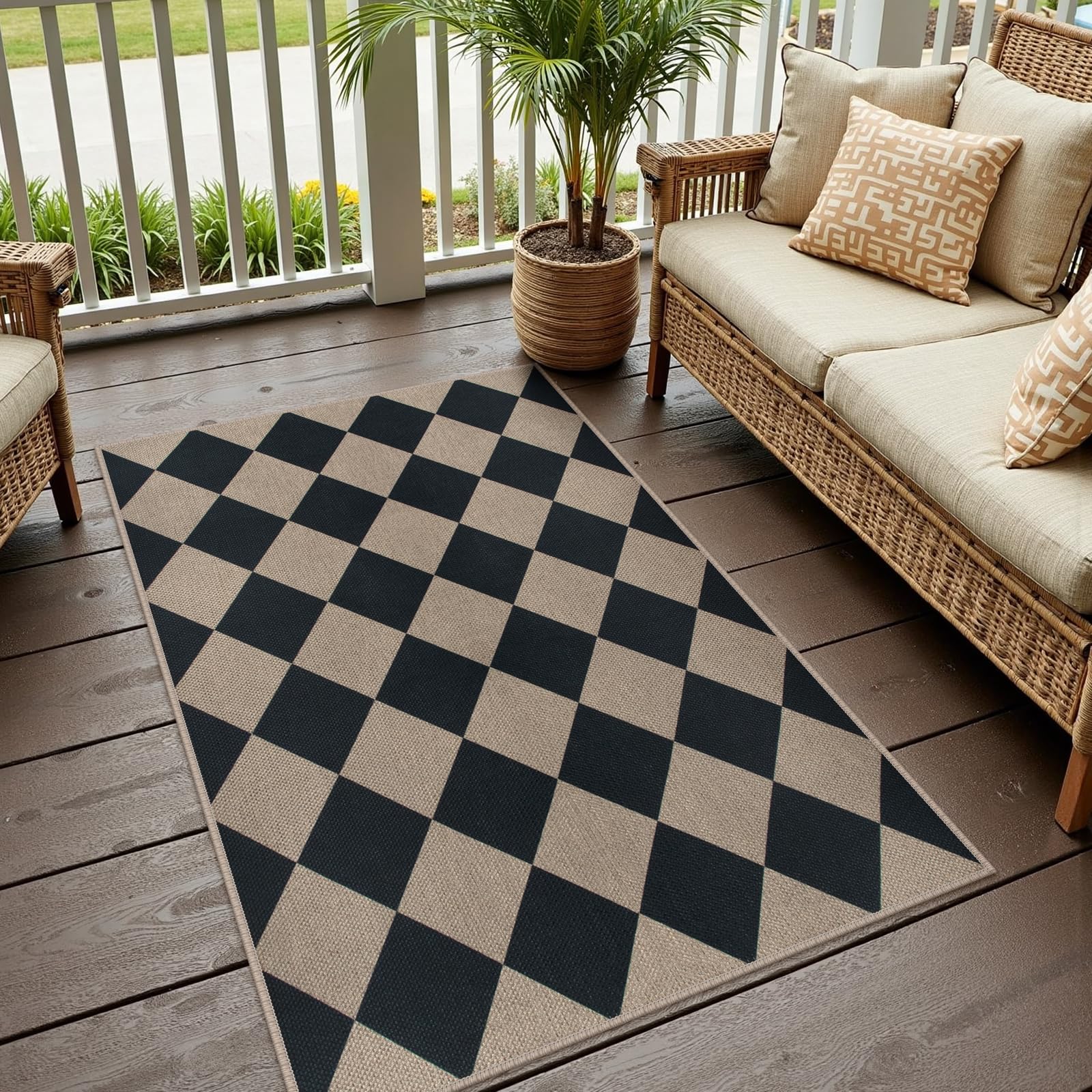 Rugalia Easy Jute Checkered Entryway Rug, 2x3 Black Modern Indoor Outdoor Doormat, Washable Non-Slip Neutral Small Kitchen Rug Farmhouse Diamond Throw Rugs for Entrance Bedroom Bathroom